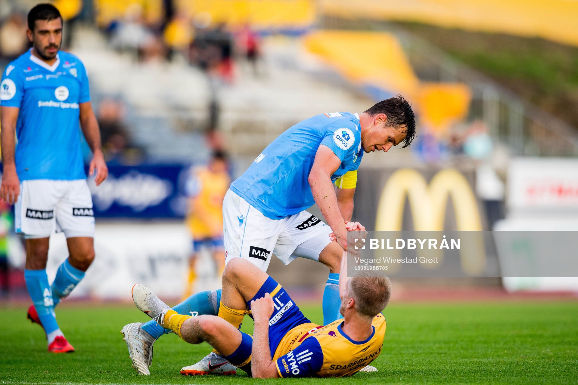Niels Vorthoren of Sandnes Ulf and Daniel Aase of Jerv after the OBOS-ligaen match between Jerv and Sandnes Ulf on August 19, 2018 in Grimstad.