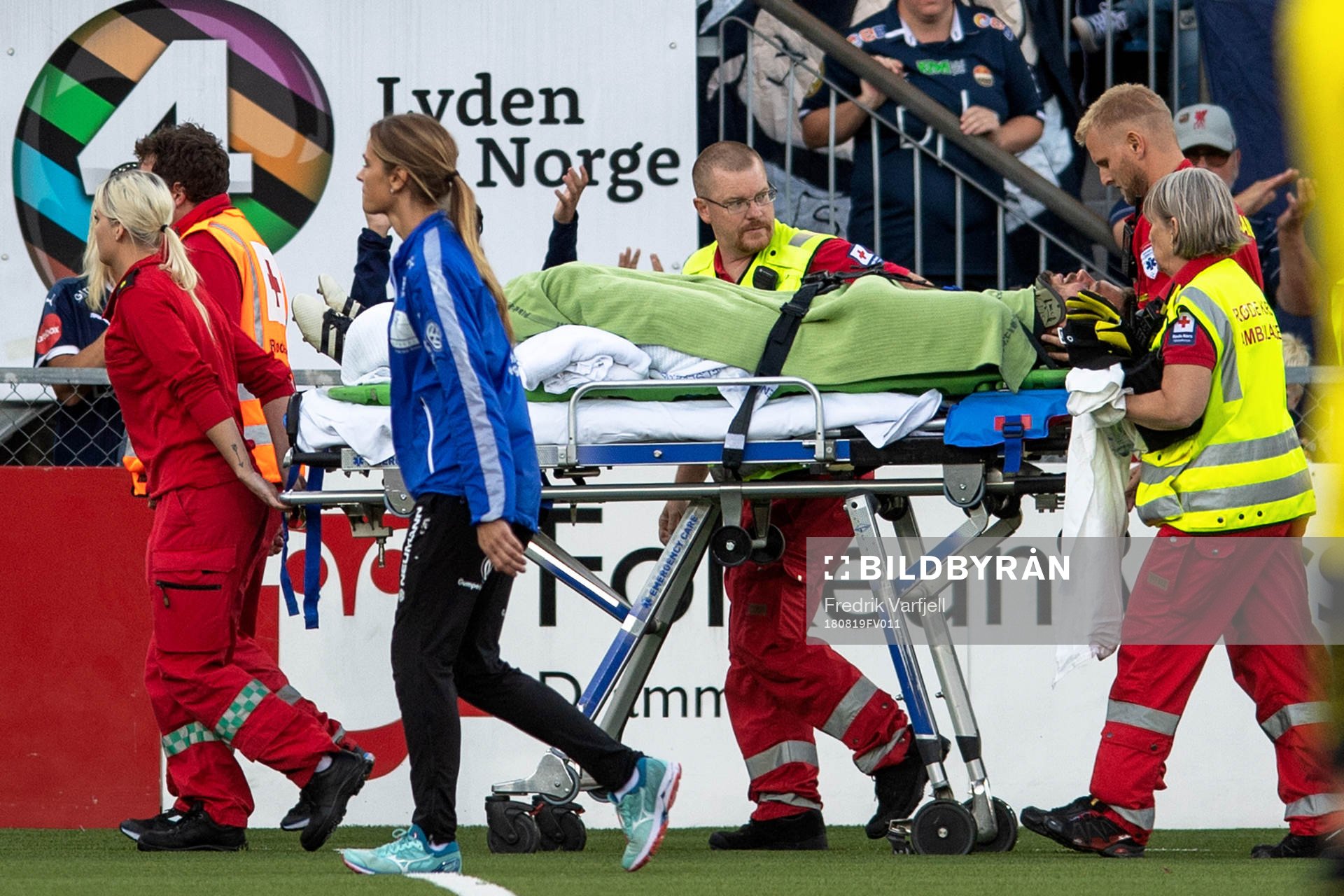 Goalkeeper Jonas Deumeland of Start leaves the pitch with
