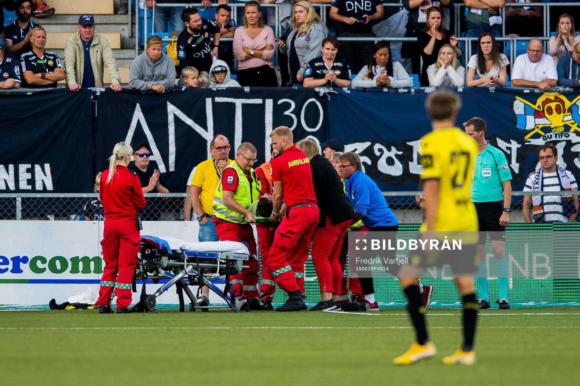 Goalkeeper Jonas Deumeland of Start lies down with an injury