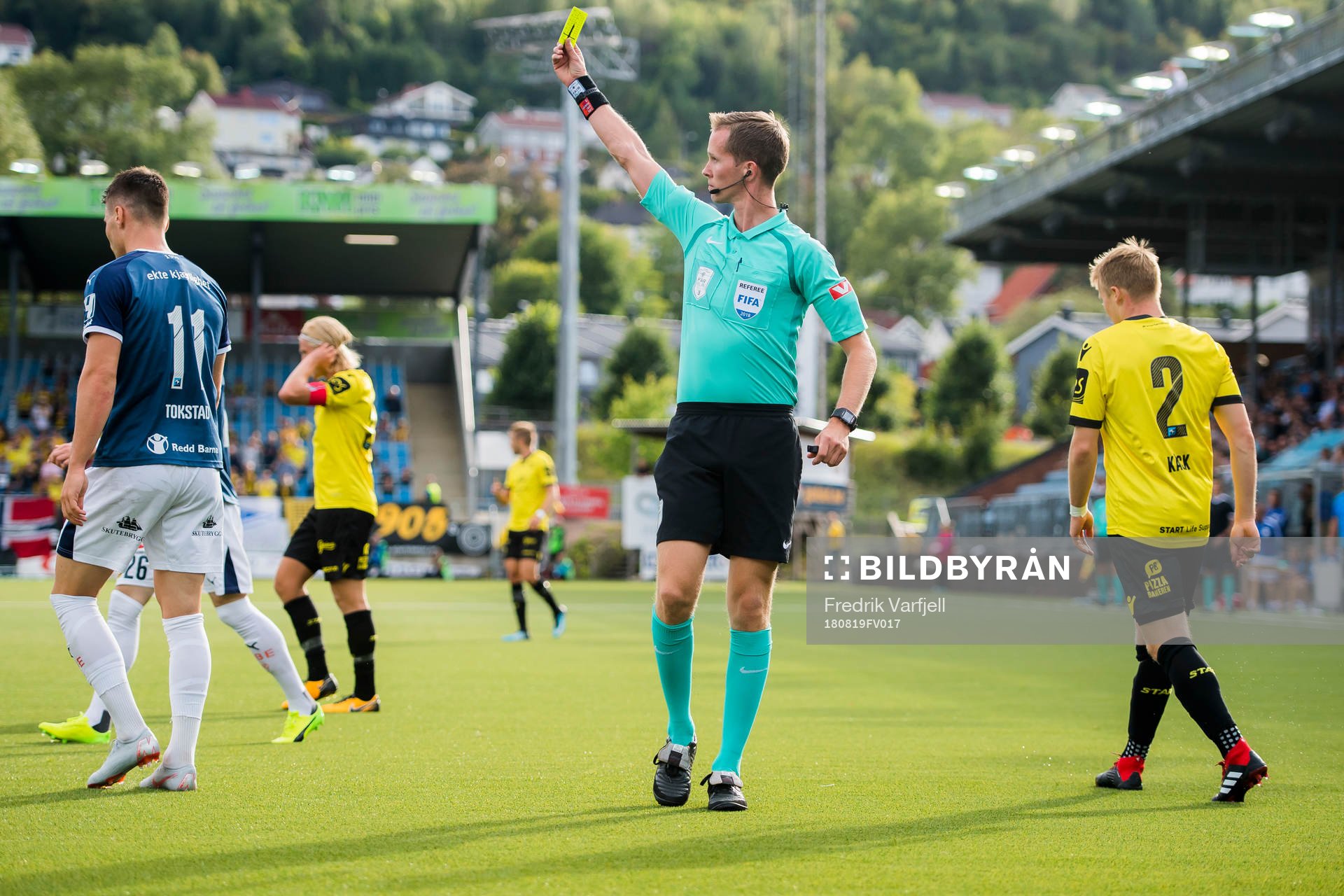 Kristoffer Tokstad of Strømsgodset is shown a yellow acts