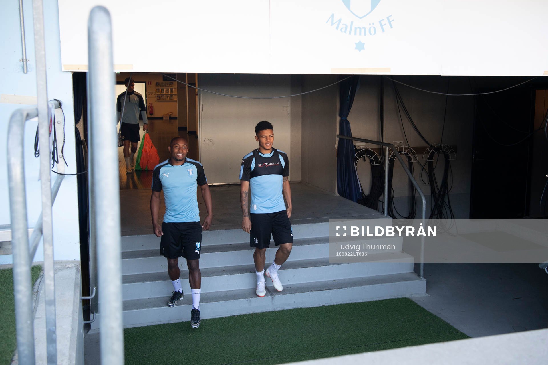 Fouad Bachirou and Romain Gall of Malmö FF enters the pitch