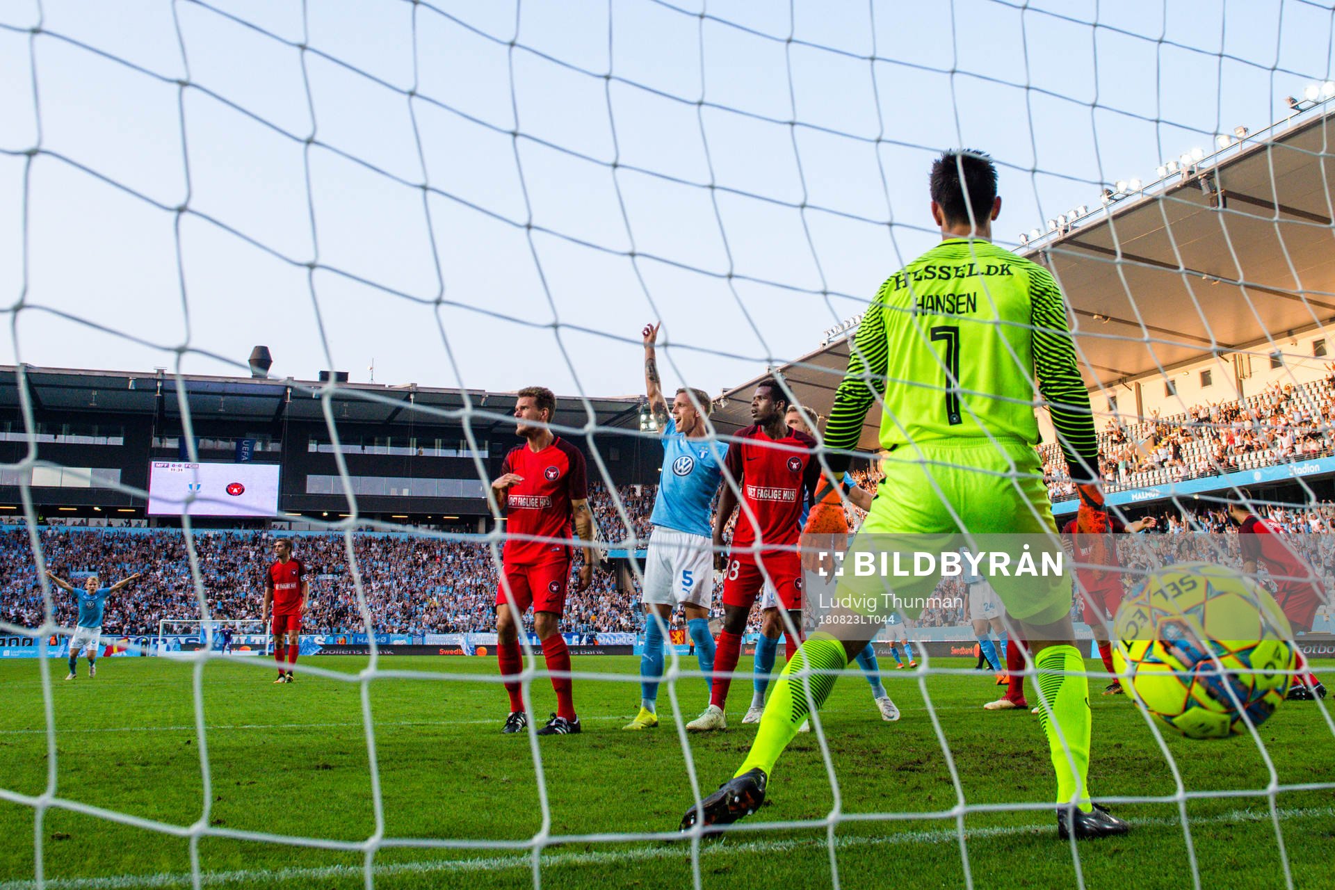 Sören Rieks of Malmö FF celebrates the 2-0 goal by Marcus Antonsson, not pictured, during the UEFA Europa League qualifying match between Malmö FF and Midtjylland on August 23, 2018 in Malmö.