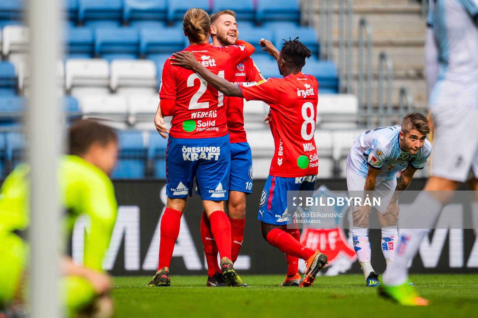 Helsingborgs Charlie Weberg jublar efter 3-0 under fotbollsmatchen i Superettan mellan Helsingborg och Gefle den 25 augusti 2018 i Helsingborg.