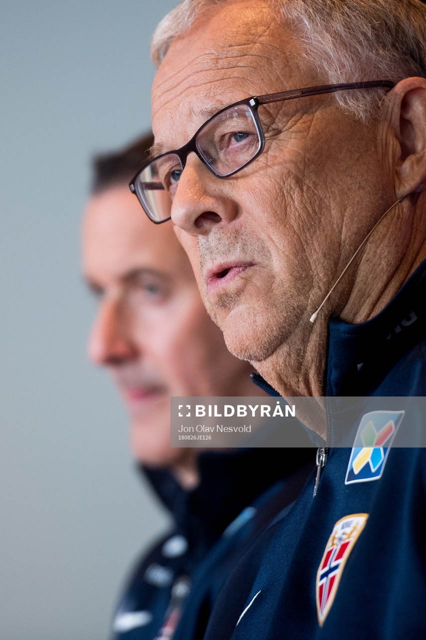 Lars Lagerbäck, head coach of Norway, presents the team