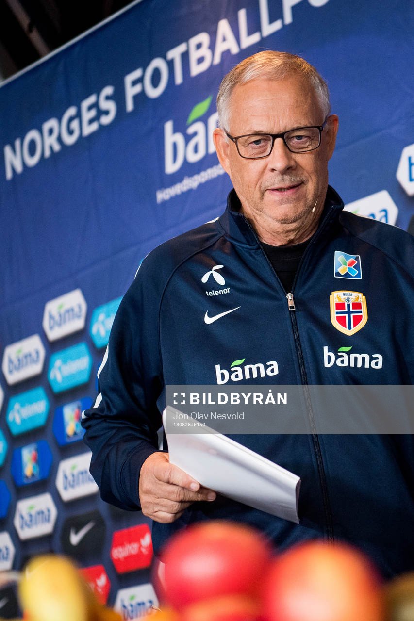 Lars Lagerbäck, head coach of Norway, presents the team