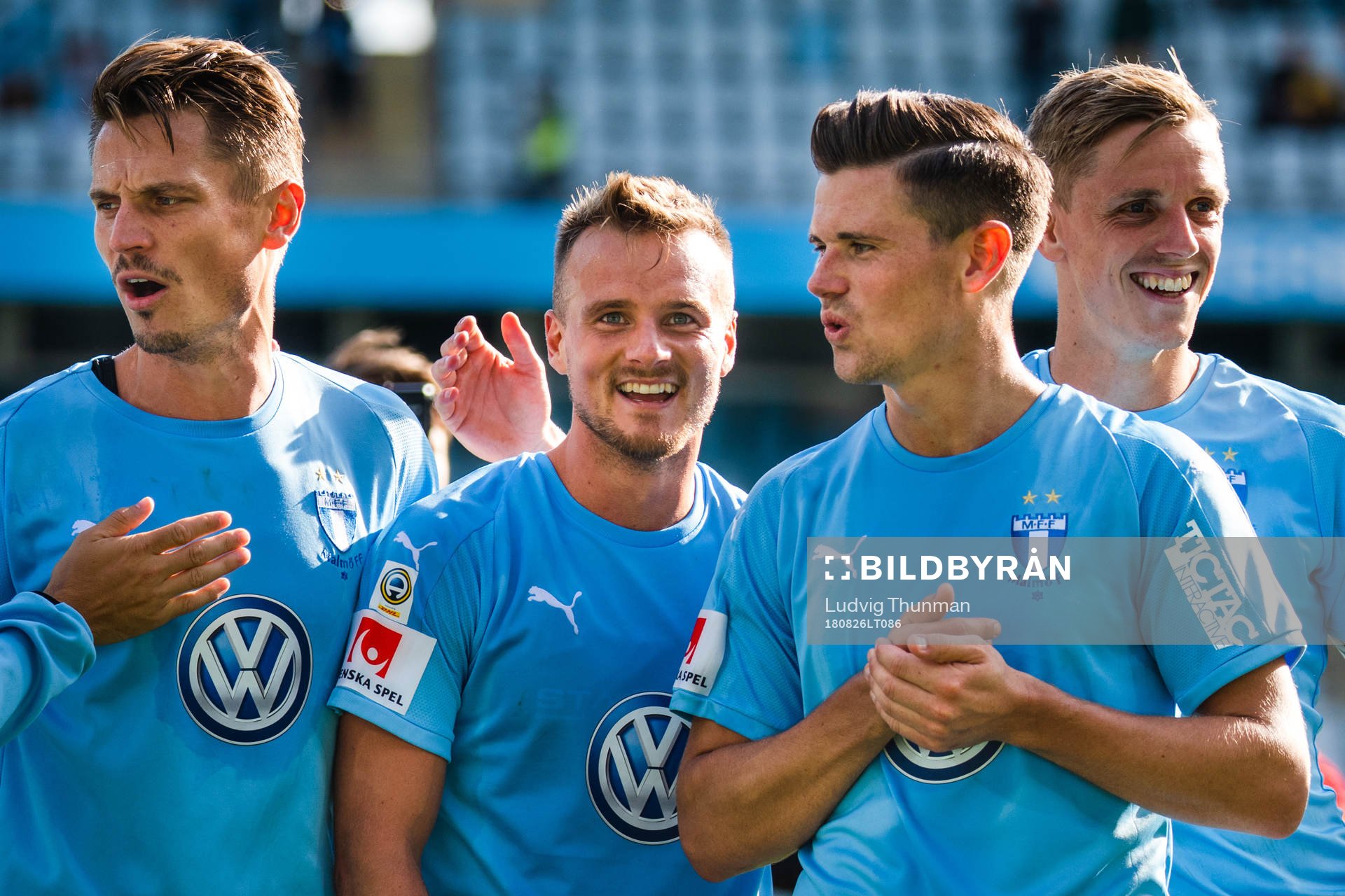 Malmö FFs Markus Rosenberg, Eric Larsson Marcus Antonsson och Sören Rieks jublar efter fotbollsmatchen i Allsvenskan mellan Malmö FF och Sirus den 26 augusti 2018 i Malmö.