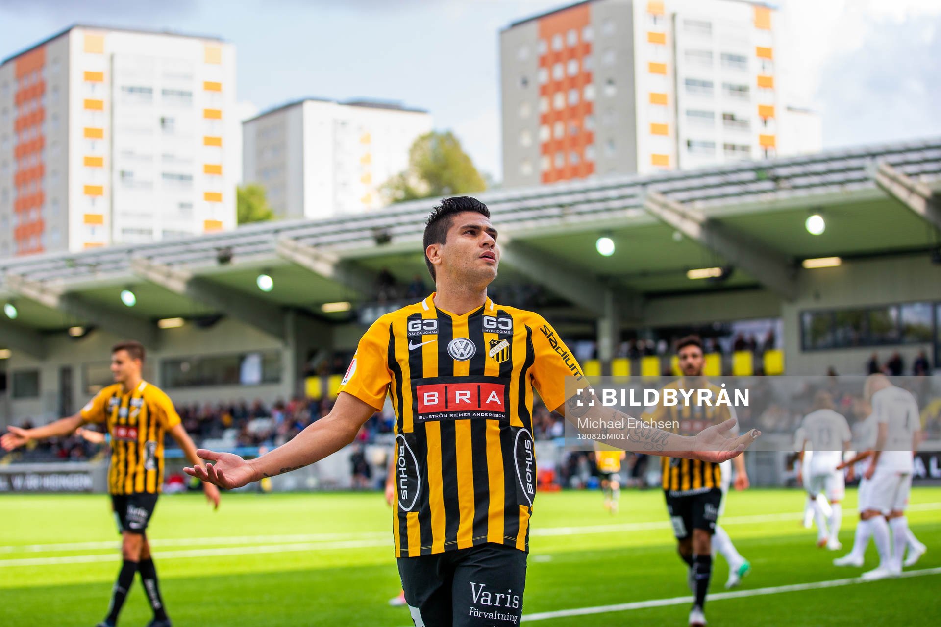 Häckens Paulinho jublar efter 5-0 under fotbollsmatchen i allsvenskan mellan Häcken och Brommapojkarna den 26 augusti 2018 i Göteborg.