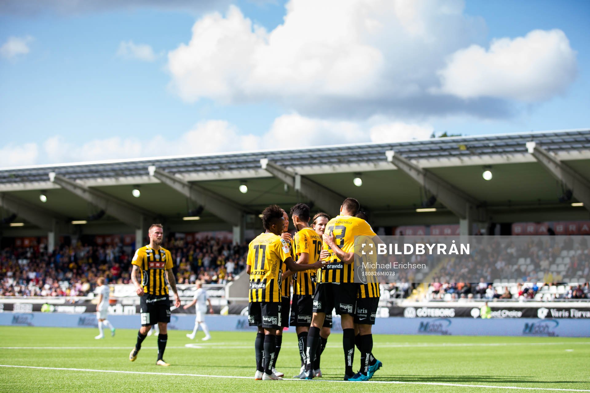 Häckens Alexander Jeremejeff firar 3-0 med lagkamrater under fotbollsmatchen i allsvenskan mellan Häcken och Brommapojkarna den 26 augusti 2018 i Göteborg.