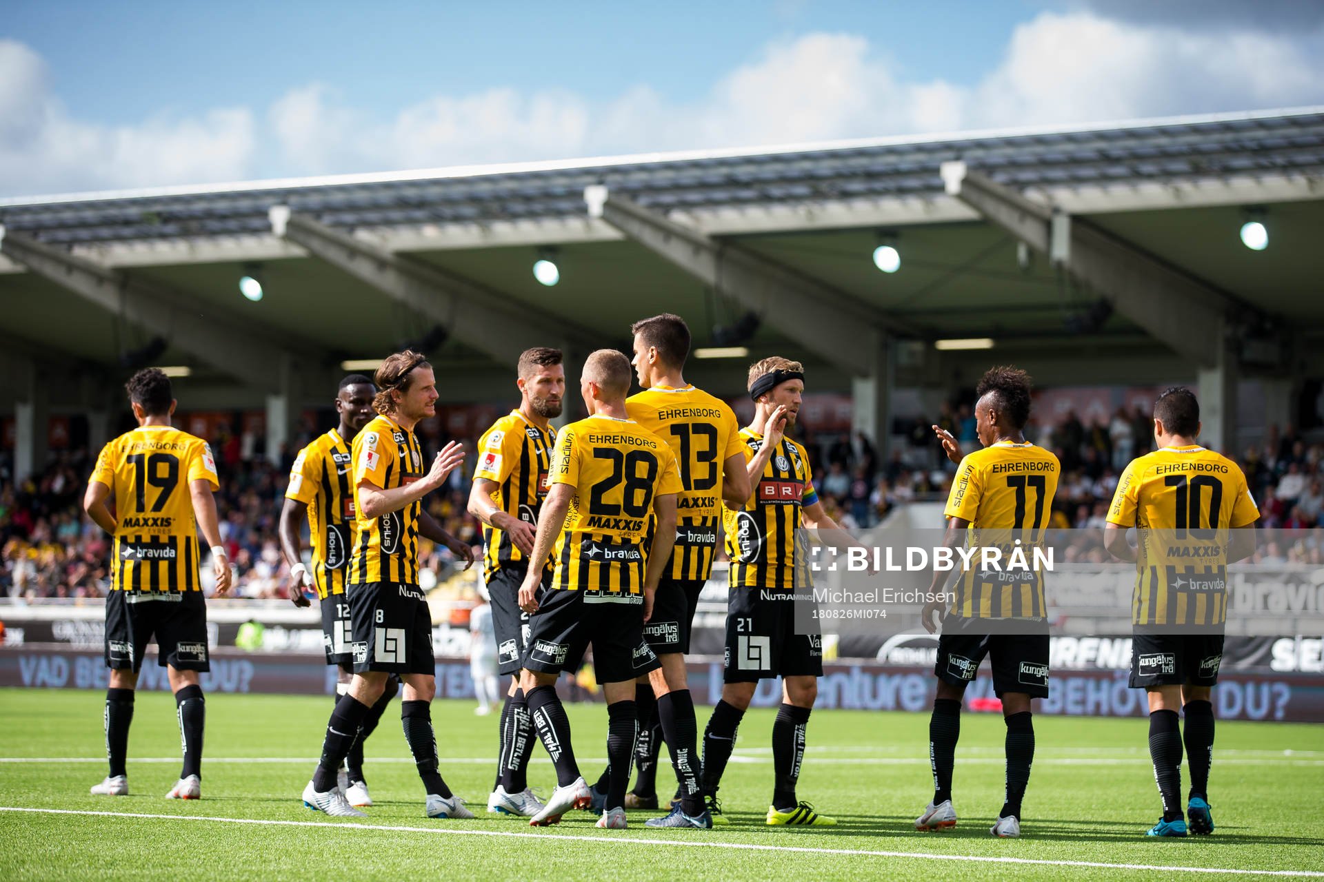 Häckens Alexander Jeremejeff firar 3-0 med lagkamrater under fotbollsmatchen i allsvenskan mellan Häcken och Brommapojkarna den 26 augusti 2018 i Göteborg.