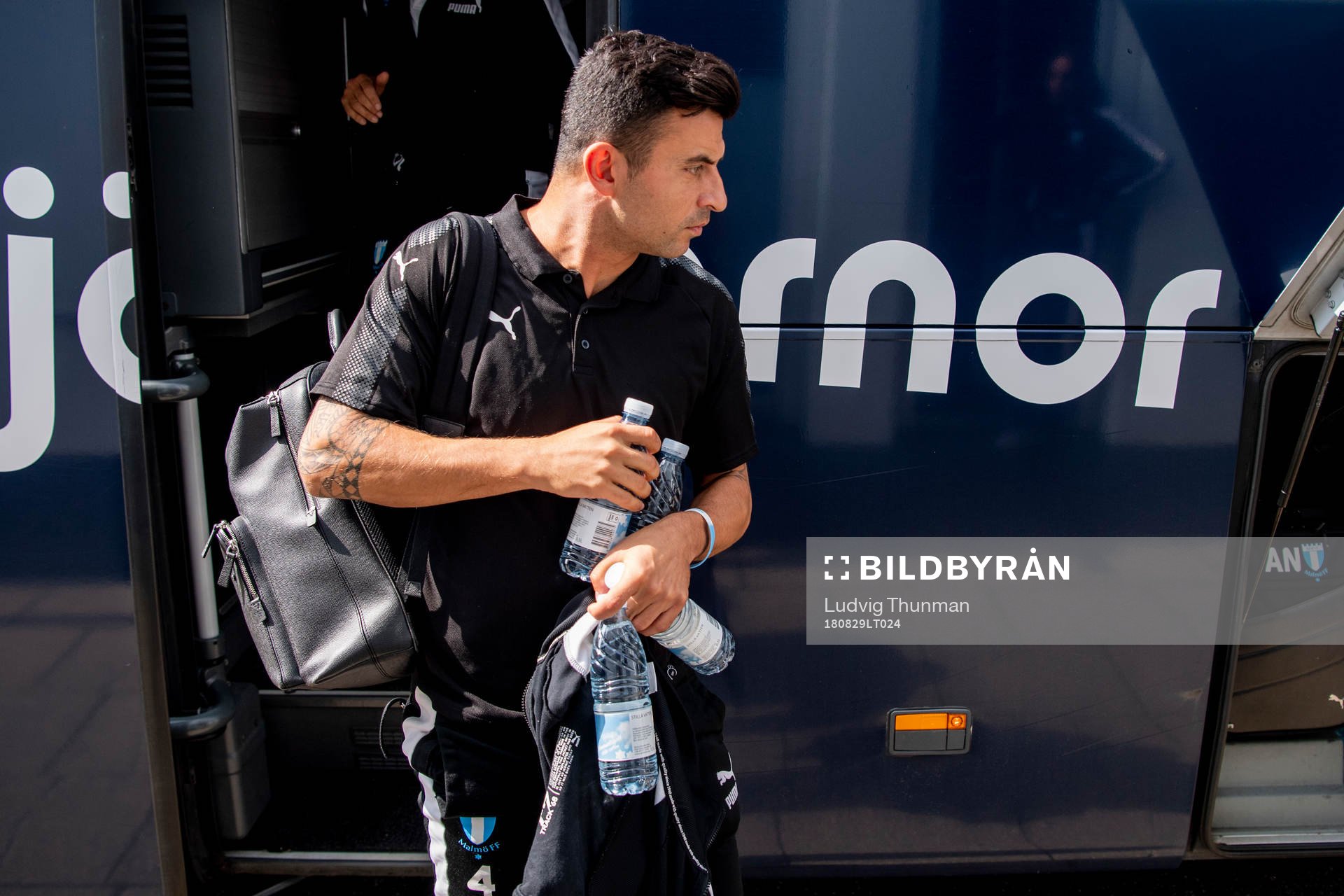 Behrang Safari of Malmö FF arrive at their hotel