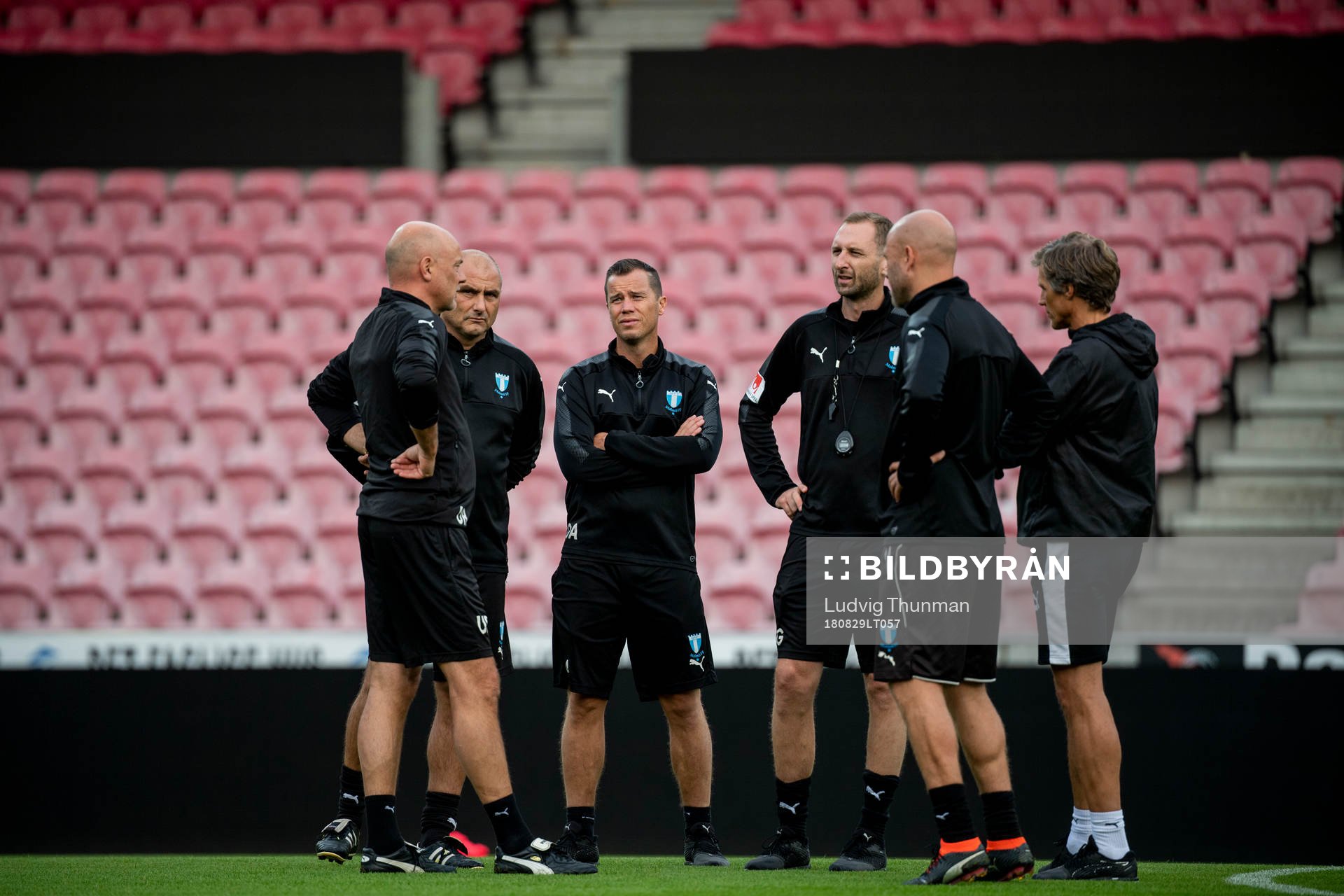Head coach Uwe Rösler, goalkeeper coach Jonnie Fedel, general manager Daniel Andersson, assistant coach Andreas Georgson, assistant coach Olof Persson and assistant coach Jens Fjellström of Malmö FF during a press conference and practice ahead of the Europa League qualifying match between Midtjylland and Malmö FF on August 29, 2018 in Herning.