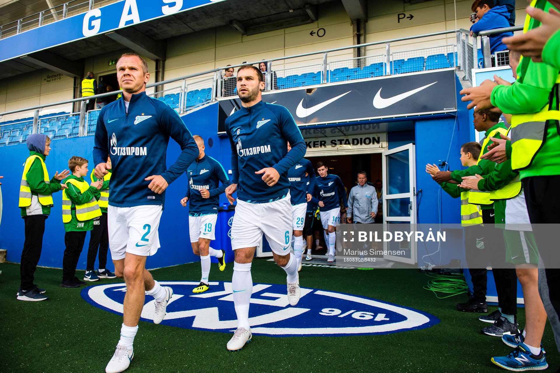 Branislav Ivanovic of Zenit entering the pitch ahead of the UEFA Europa League play-off match between Molde and FK Zenit St. Petersburg on August 30, 2018 in Molde.