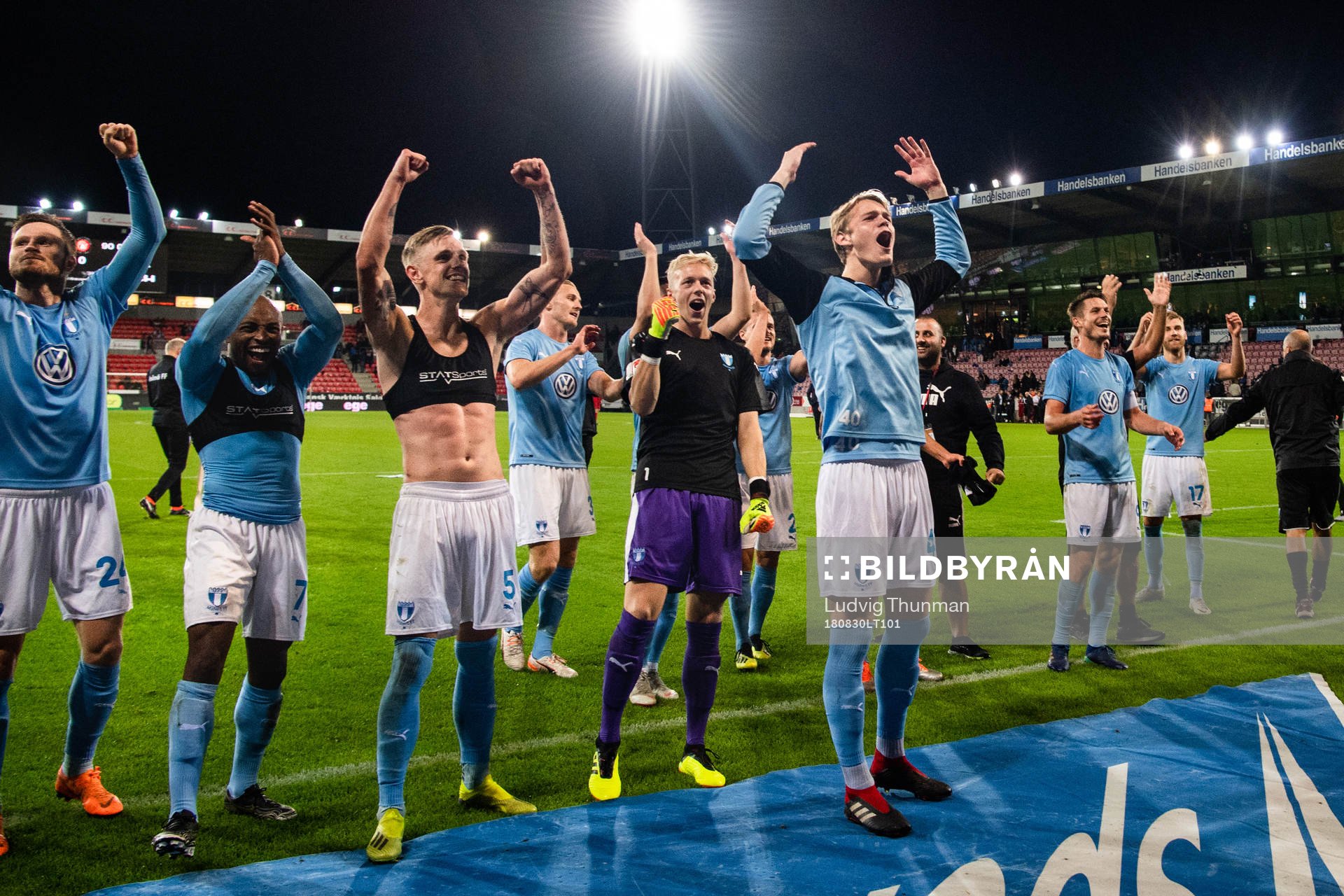 Malmö FF celebrates after the Europa League qualifying match between Midtjylland and Malmö FF on August 30, 2018 in Herning.