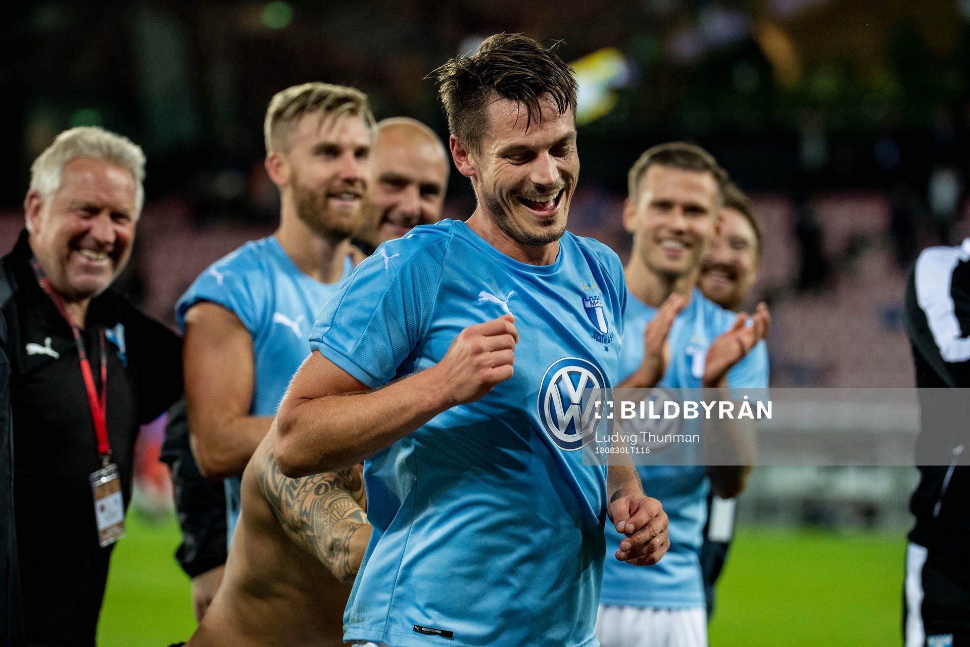 Markus Rosenberg of Malmö FF celebrate after the Europa League qualifying match between Midtjylland and Malmö FF on August 30, 2018 in Herning.