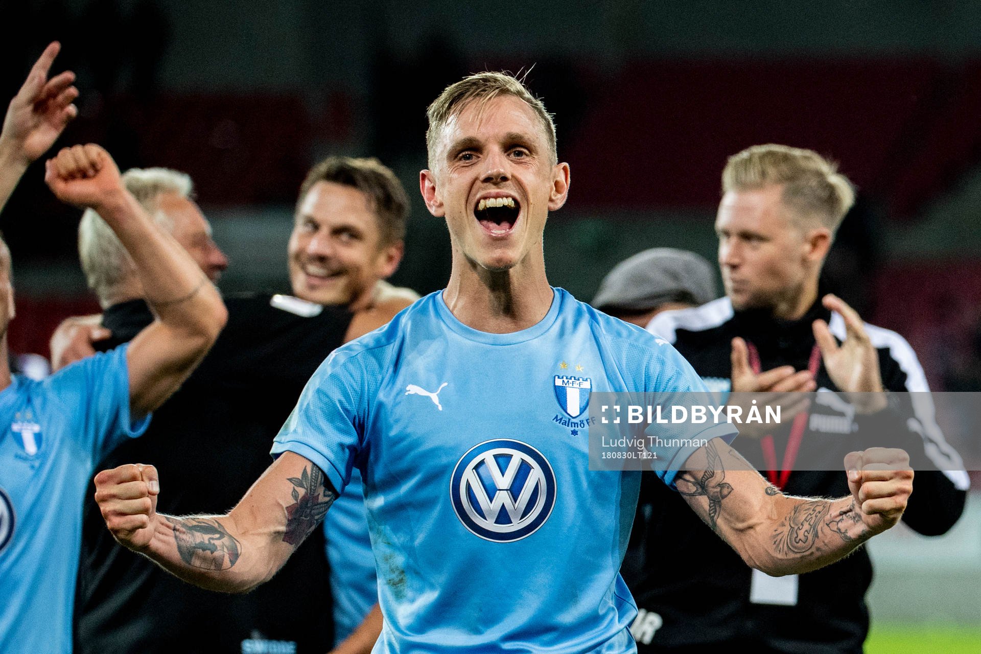 Sören Rieks of Malmö FF celebrate after the Europa League qualifying match between Midtjylland and Malmö FF on August 30, 2018 in Herning.