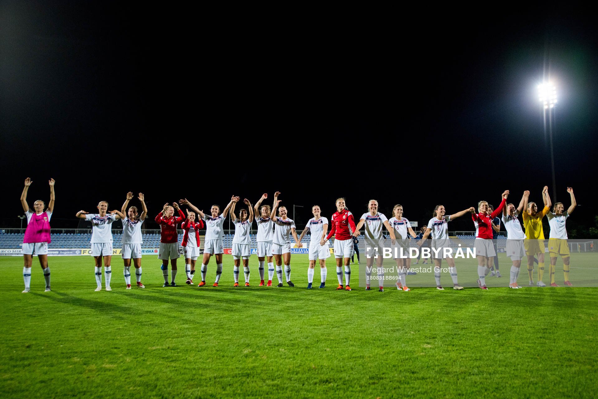 The players of Norway celebrate after the FIFA Women's World Cup Qualifier match between Slovakia and Norway on August 31, 2018 in Senec.