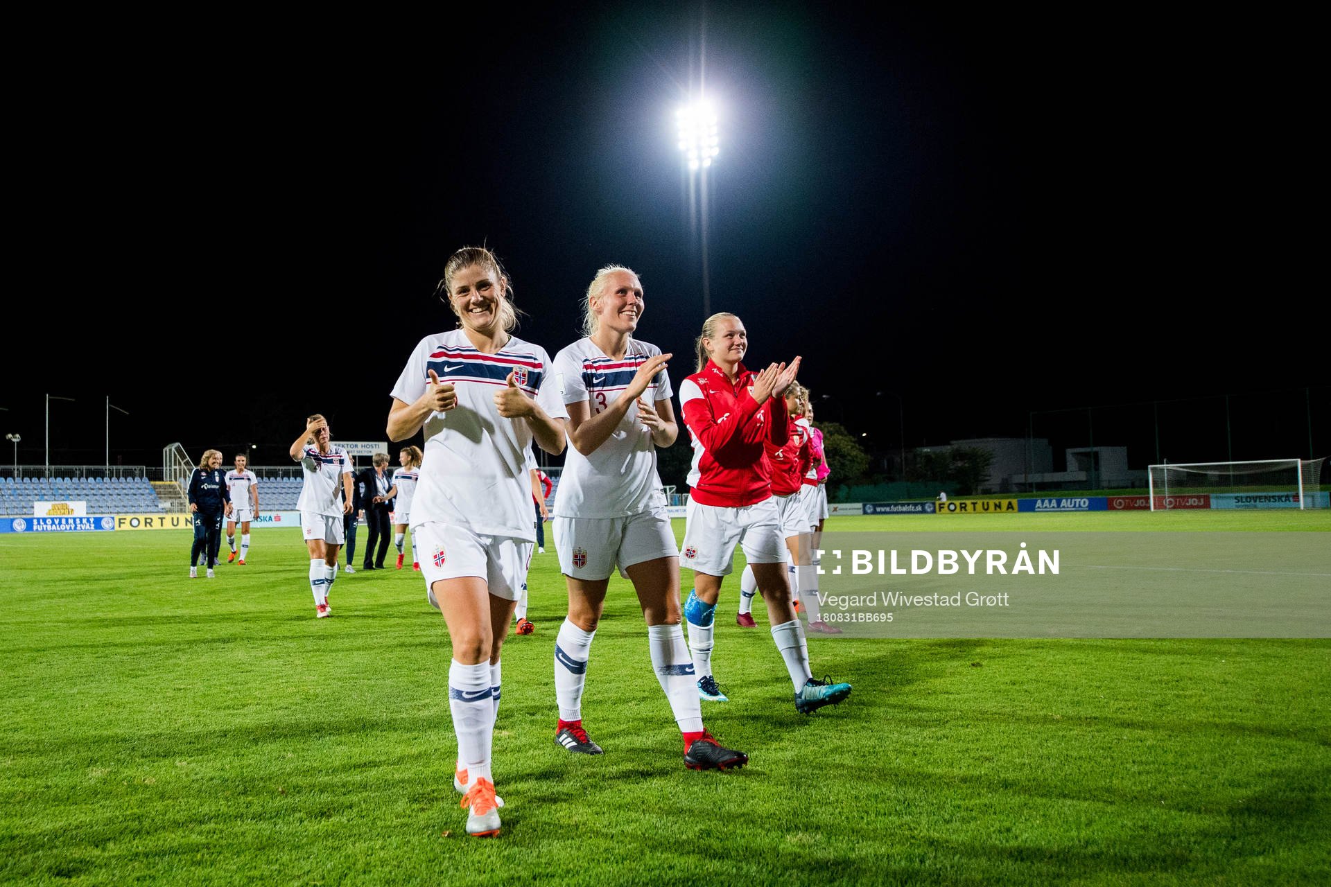 Maren Mjelde of Norway celebrates after the FIFA Women's World Cup Qualifier match between Slovakia and Norway on August 31, 2018 in Senec.