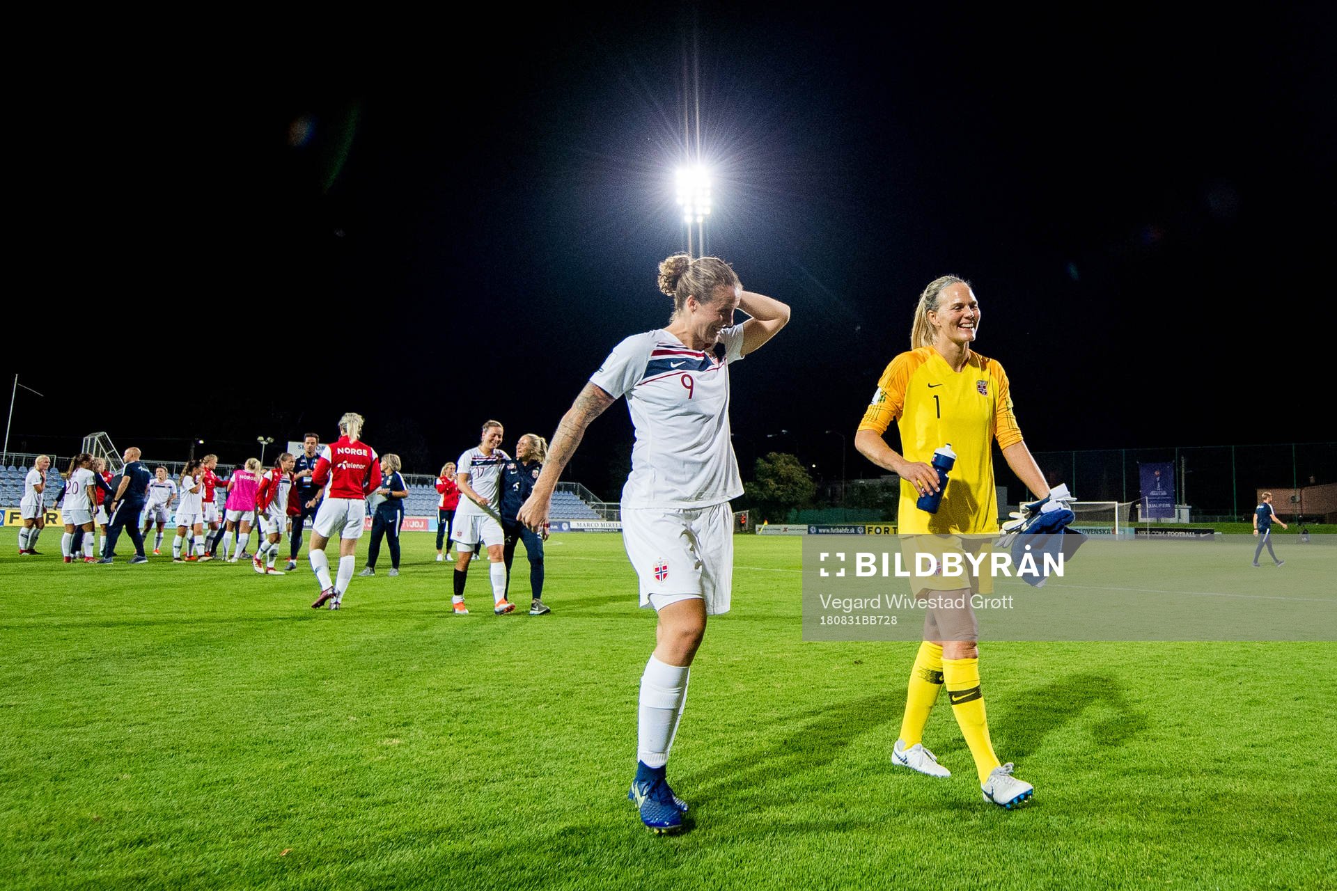 Isabell Herlovsen and goalkeeper Ingrid Hjelmseth of Norway