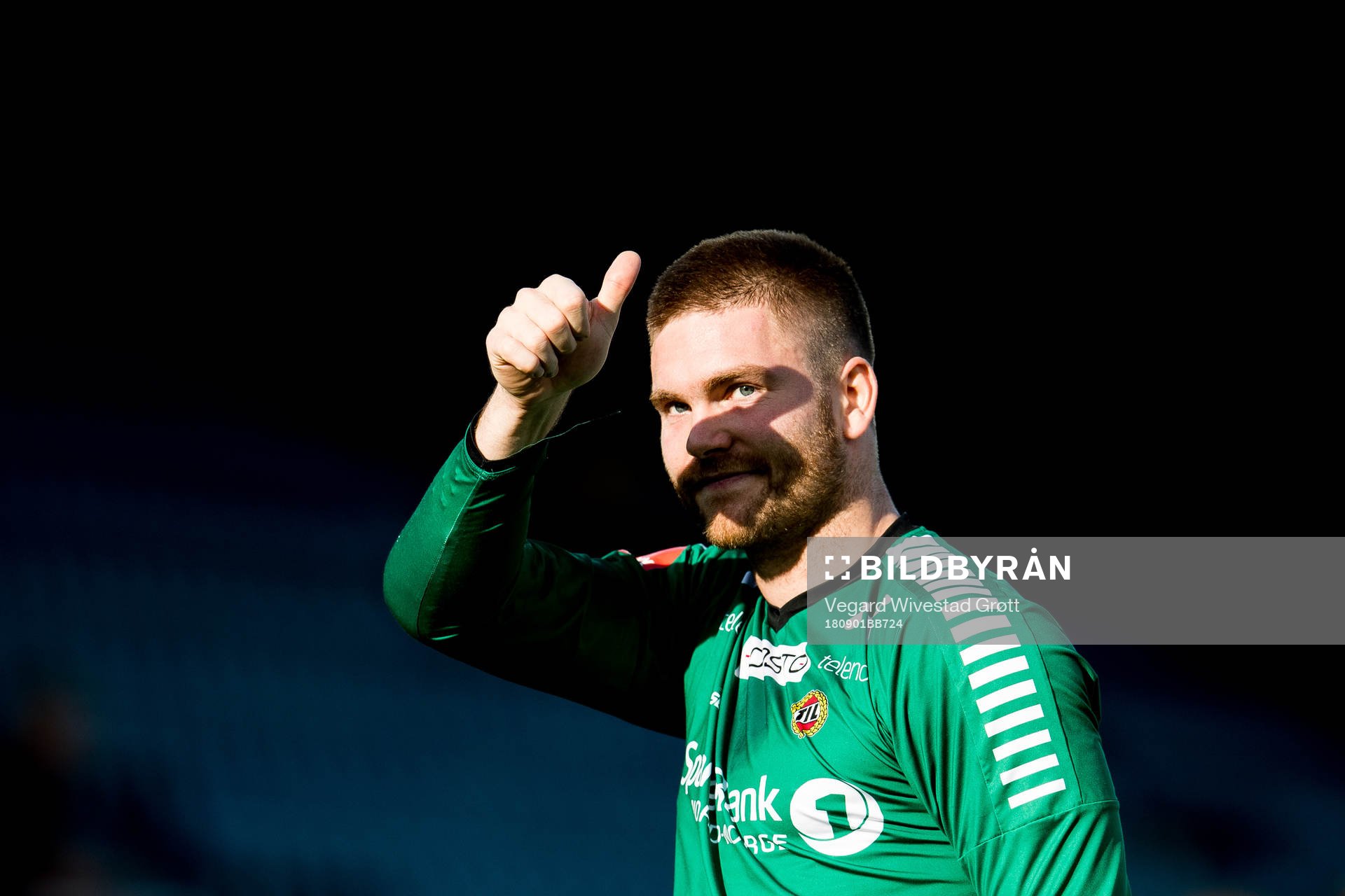 Goalkeeper Gudmund Kongshavn of Tromsø celebrates after the Eliteserien match between Strømsgodset and Tromsø on September 1, 2018 in Drammen.