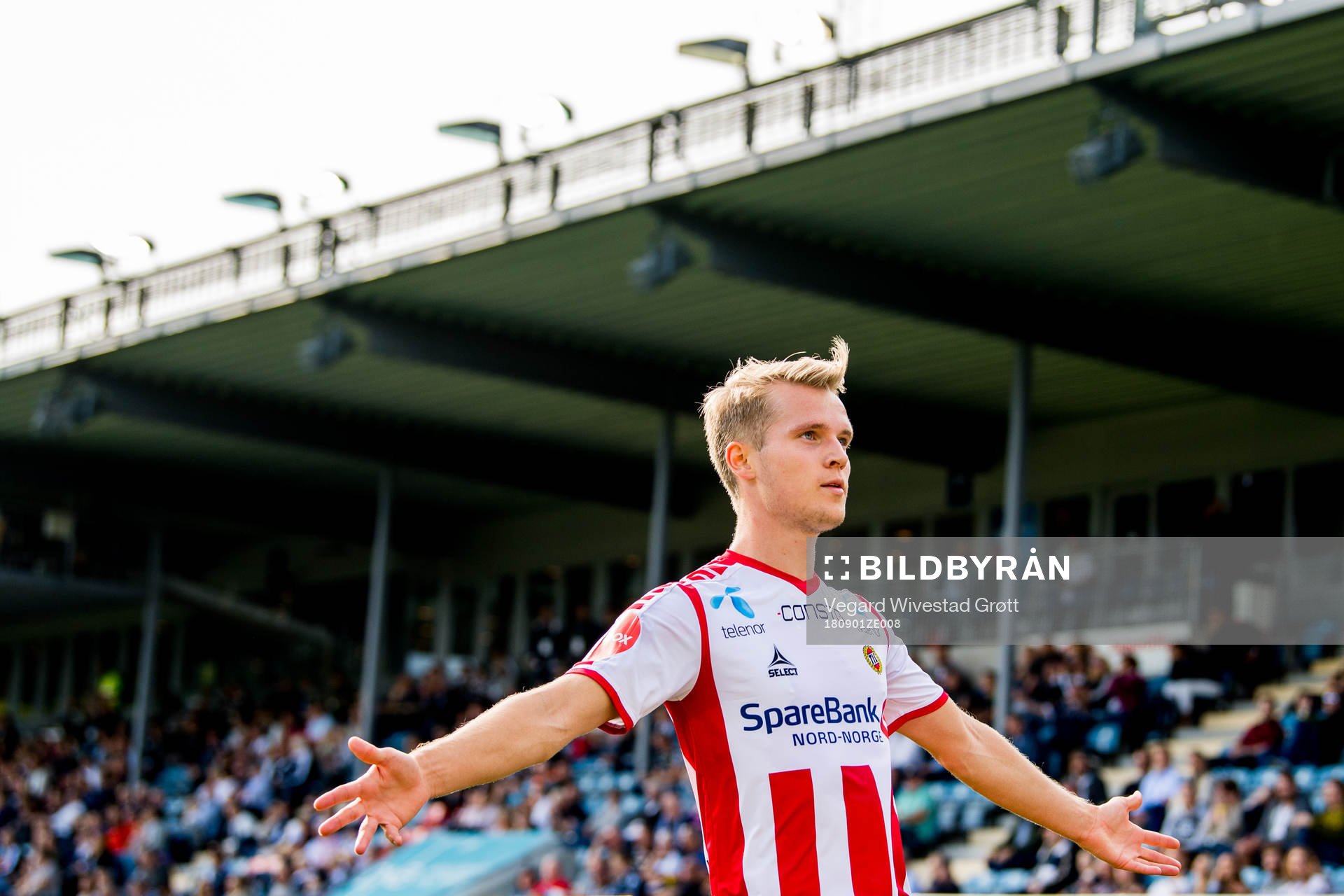 Mikael Nord Ingebrigtsen of Tromsø celebrates scoring 1-1 during the Eliteserien match between Strømsgodset and Tromsø on September 1, 2018 in Drammen.