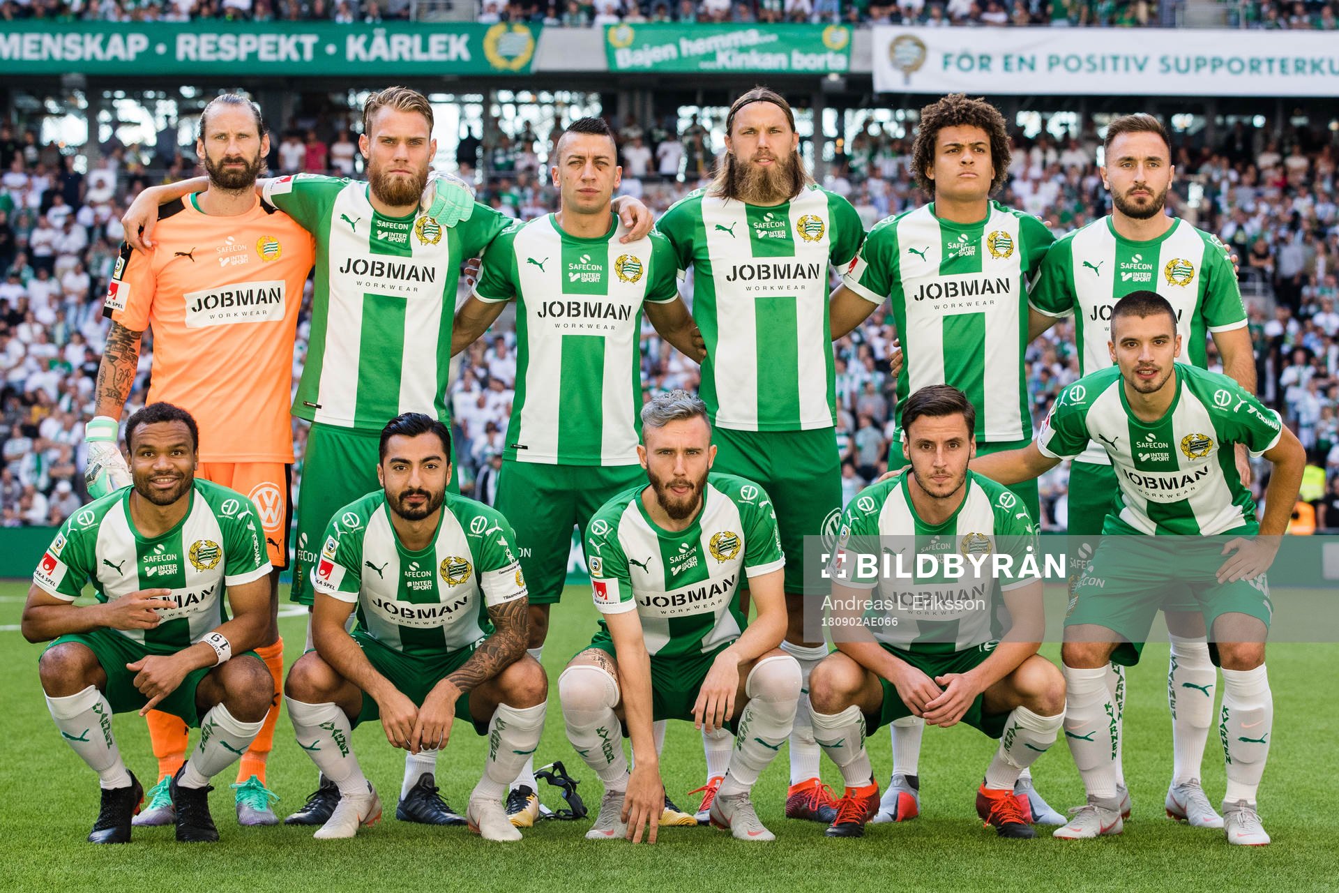 Hammarbys startelva inför fotbollsmatchen i Allsvenskan mellan Hammarby och Djurgården den 2 september 2018 i Stockholm. Övre raden från vänster: målvakt Johan Wiland, David Fällman, Nikola Djurdjic, Björn Paulsen, Neto Borges och Muamer Tankovic. Nedre raden från vänster: Serge-Junior Martinsson Ngouali, Jiloan Hamad, Simon Sandberg, Jeppe Andersen och Vladimir Rodic.