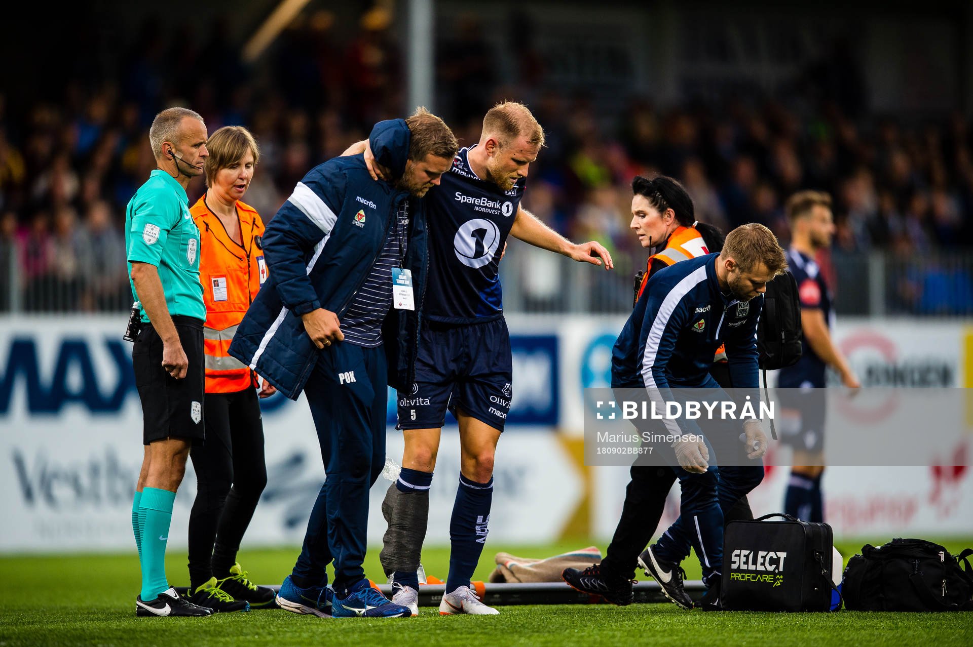 Dan Peter Ulvestad of Kristiansund leaves the game with a