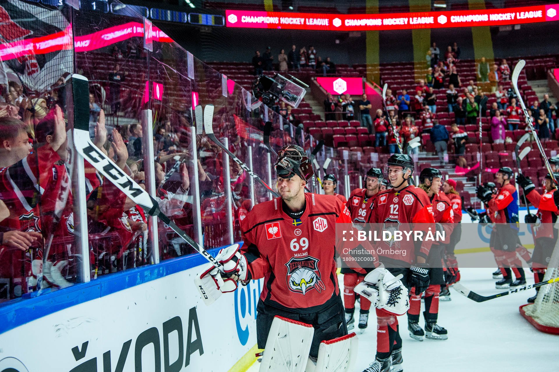 Goalkeeper Oscar Alsenfelt of Malmö Redhawks celebrates