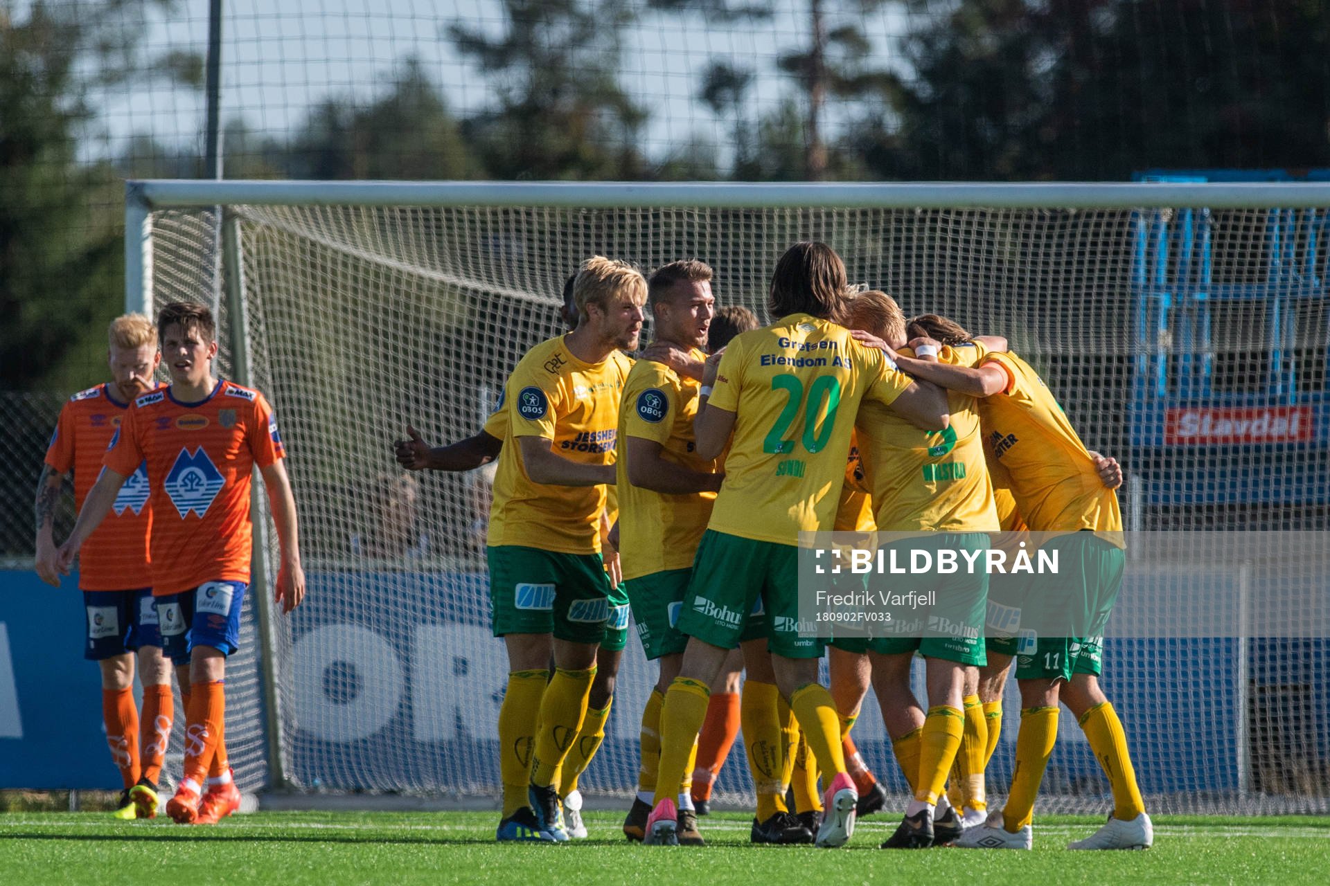 Lars-Jørgen Salvesen of Ull/Kisa celebrates with teammates after 3-0 during the OBOS-ligaen match between Ull/Kisa and Aalesund on September 2, 2018 in Jessheim.