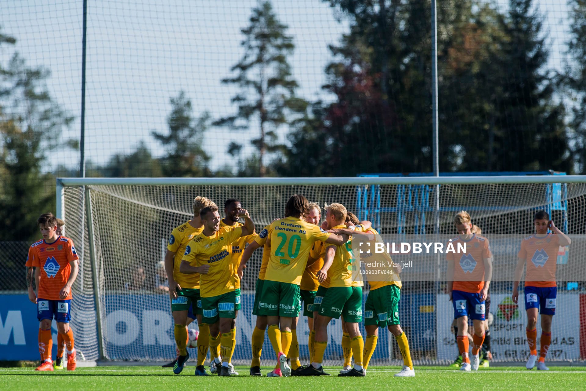 Lars-Jørgen Salvesen of Ull/Kisa celebrates with his teammates after scoring 3-0 during the OBOS-ligaen match between Ull/Kisa and Aalesund on September 2, 2018 in Jessheim.
