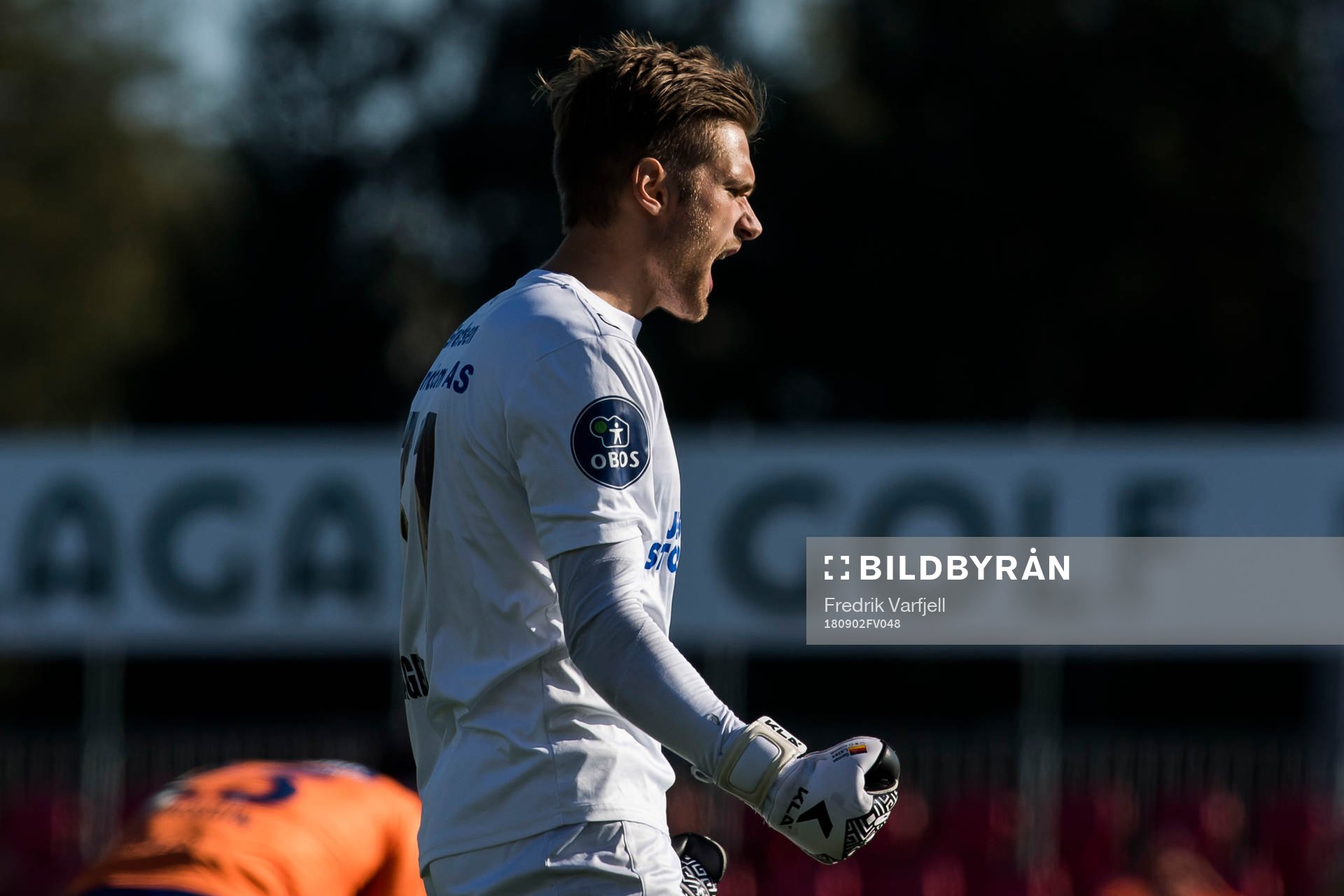 Goalkeeper Stefan Hagerup of Ull/Kisa celebrates after the 2-0 goal during the OBOS-ligaen match between Ull/Kisa and Aalesund on September 2, 2018 in Jessheim.