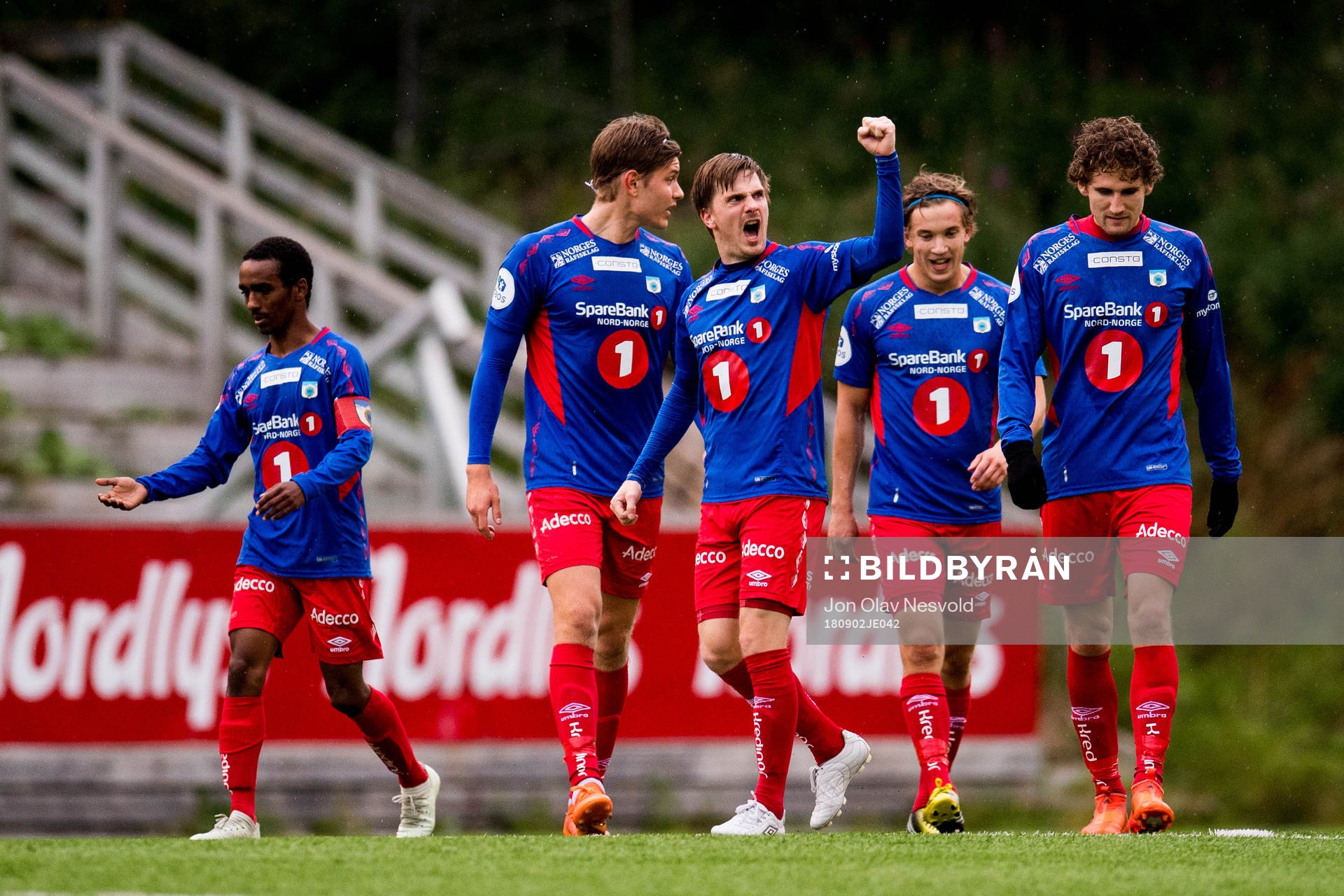Vegard Lysvoll of Tromsdalen celebrates the 2-0 goal with his teammates during the OBOS-ligaen match between Tromsdalen and Sandnes Ulf on September 2, 2018 in Tromsø.