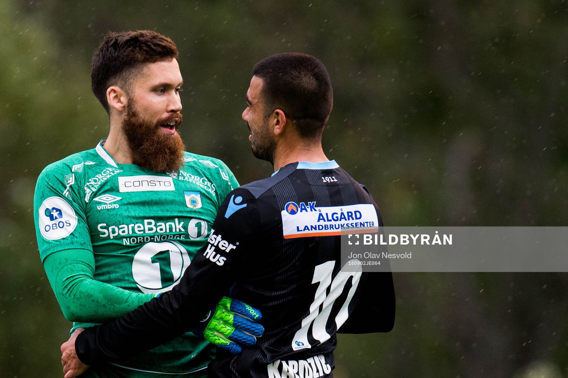 Goalkeeper Marius Berntzen of Tromsdalen and Sanel Kapidzic of Sandnes Ulf during the OBOS-ligaen match between Tromsdalen and Sandnes Ulf on September 2, 2018 in Tromsø.