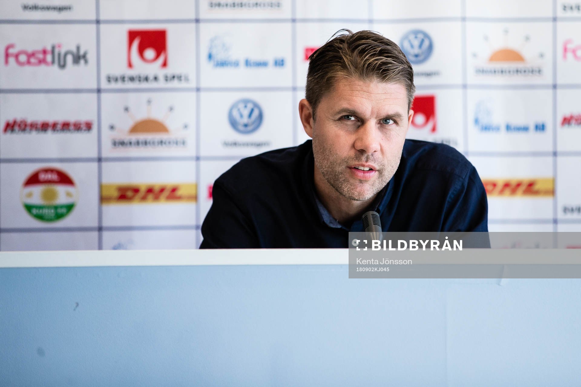 Dalkurds tränare Johan Sandahl under presskonferensen efter fotbollsmatchen i Allsvenskan mellan Dalkurd och IFK Göteborg den 2 September 2018 i Gävle.