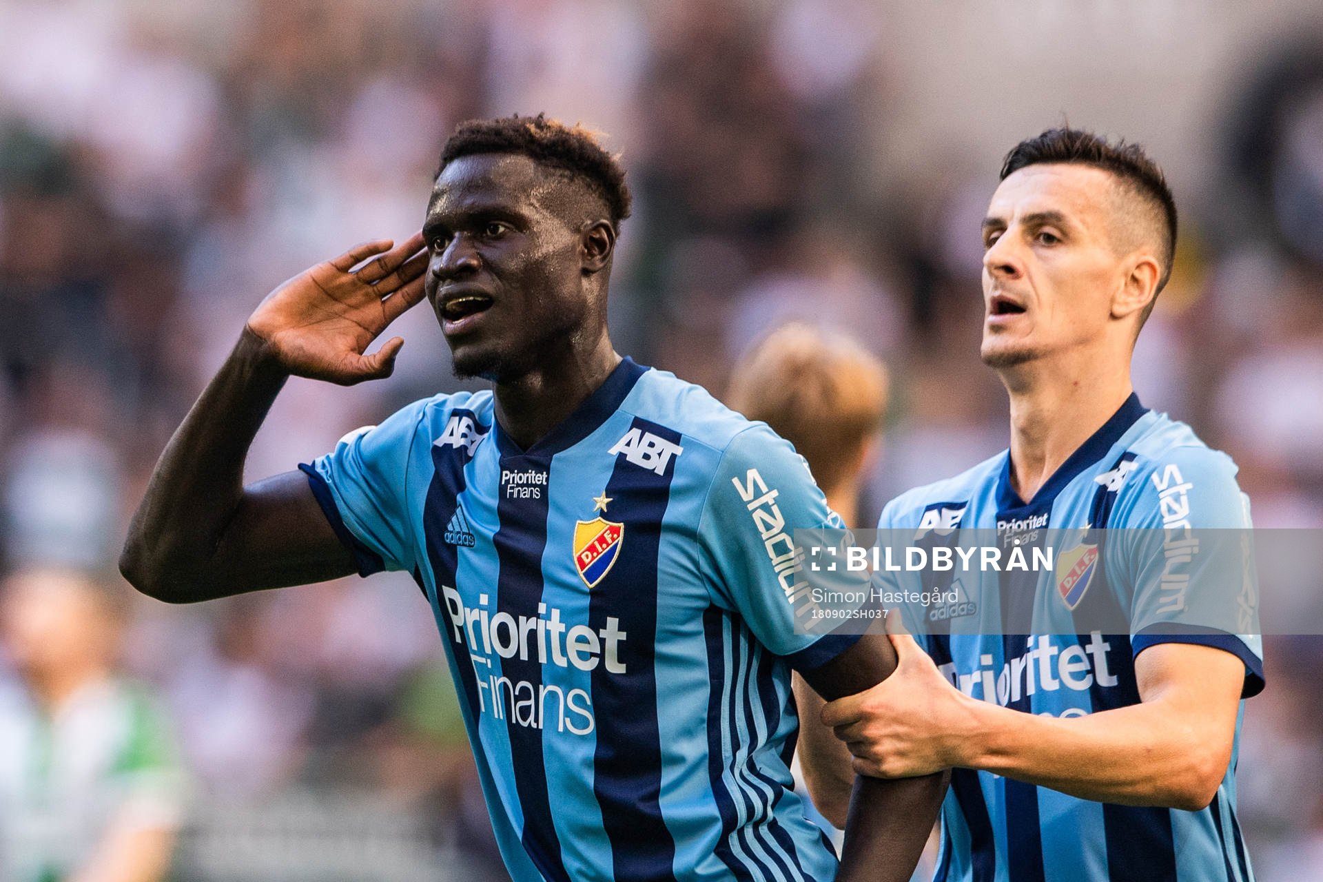 Djurgårdens Aliou Badji jublar efter 3-1 under fotbollsmatchen i Allsvenskan mellan Hammarby och Djurgården den 2 september 2018 i Stockholm.