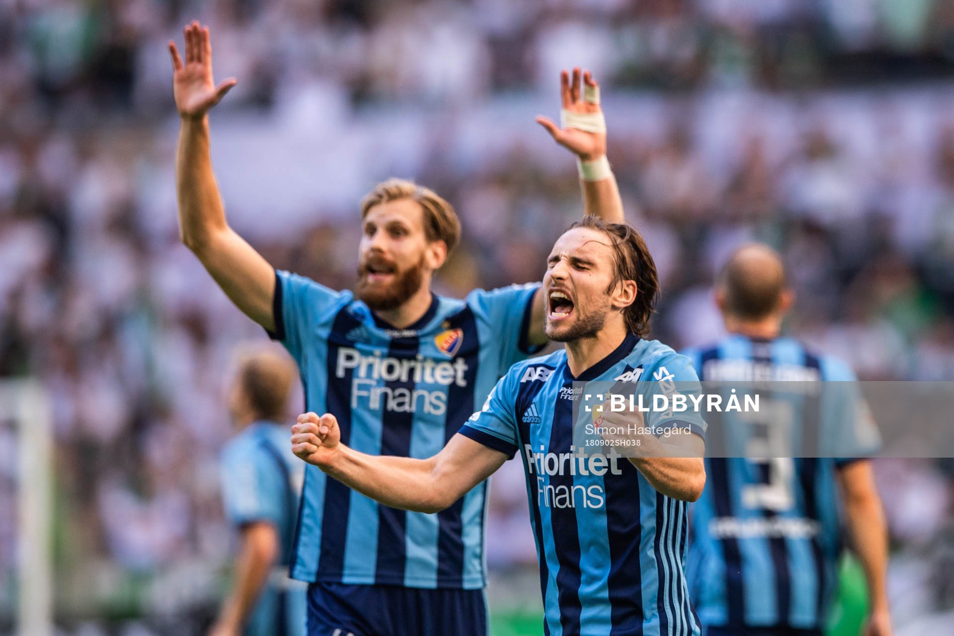 Djurgårdens Kevin Walker jublar efter 3-1 under fotbollsmatchen i Allsvenskan mellan Hammarby och Djurgården den 2 september 2018 i Stockholm.