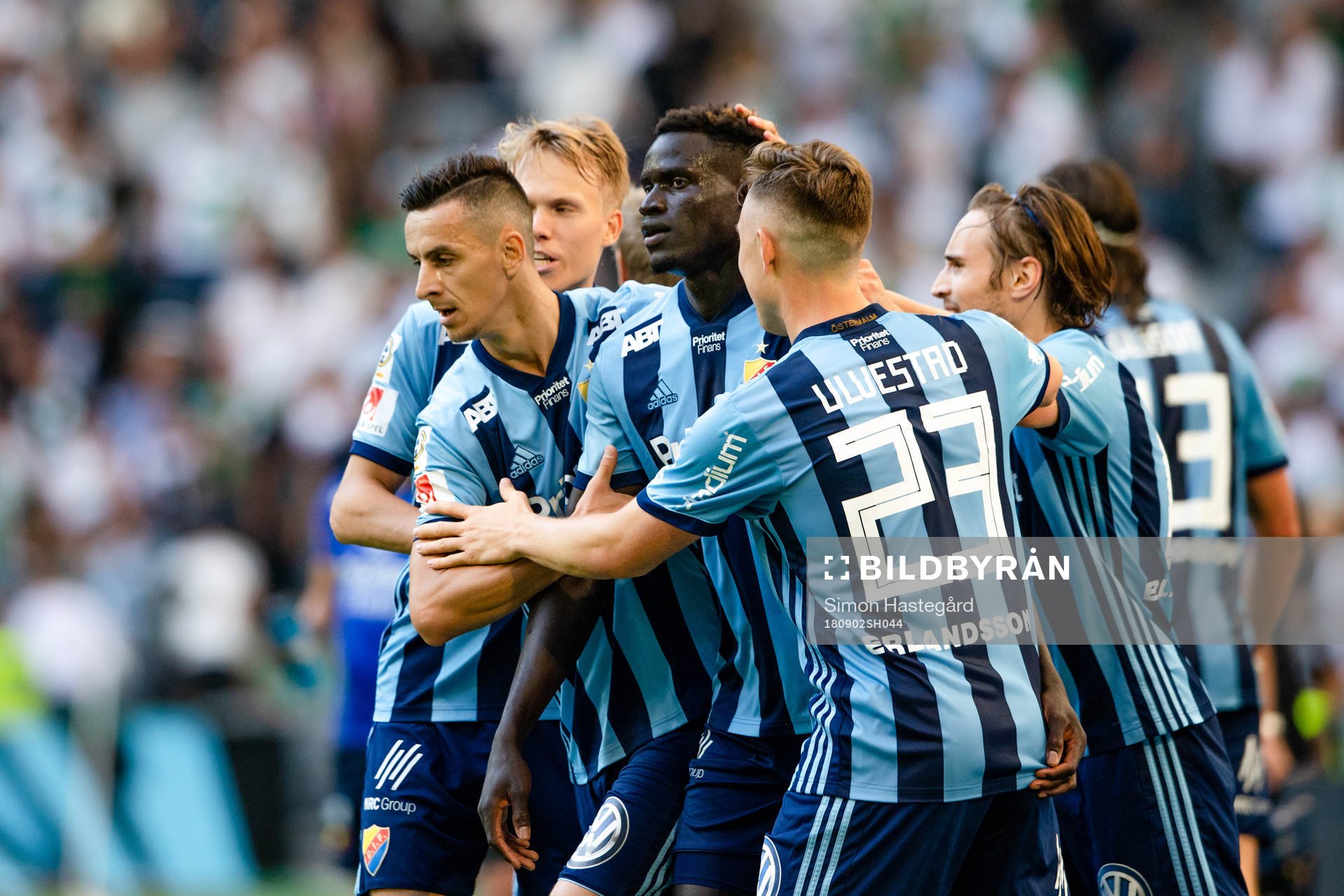 Djurgårdens Aliou Badji jublar efter 1-3 under fotbollsmatchen i Allsvenskan mellan Hammarby och Djurgården den 2 september 2018 i Stockholm.