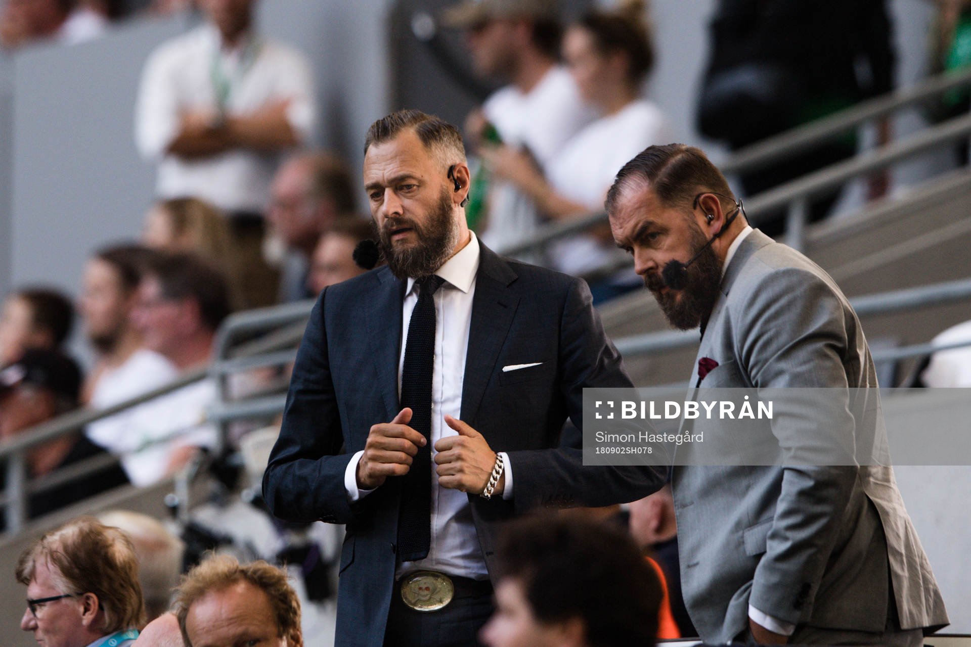 Olof Lundh och Alexander Axén i Cmores studio under fotbollsmatchen i Allsvenskan mellan Hammarby och Djurgården den 2 september 2018 i Stockholm.