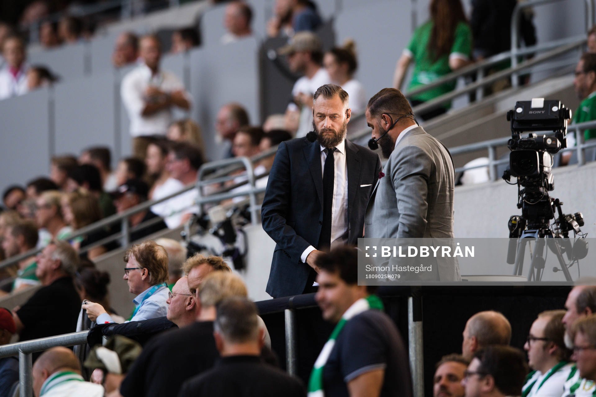 Olof Lundh och Alexander Axén i Cmores studio under fotbollsmatchen i Allsvenskan mellan Hammarby och Djurgården den 2 september 2018 i Stockholm.