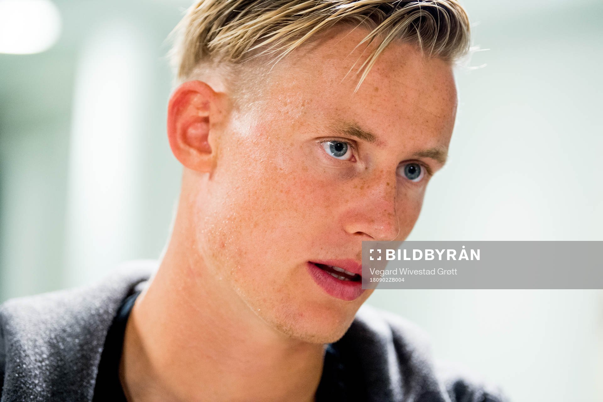 Goalkeeper Sondre Rossbach of Odd in the mixed zone after the Eliteserien match between Odd and Molde on September 2, 2018 in Skien.