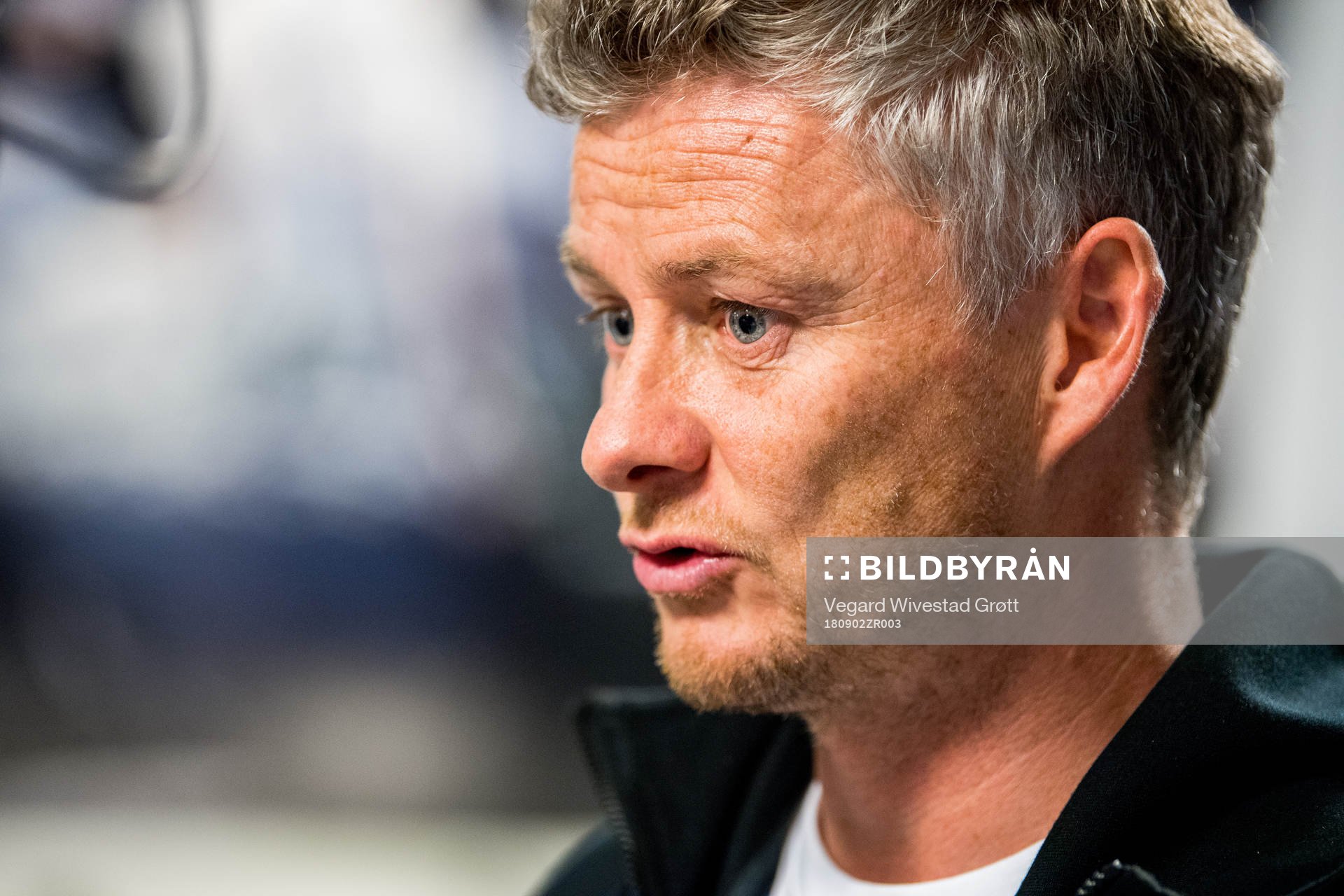 Ole Gunnar Solskjær, manager of Molde, in the mixed zone after the Eliteserien match between Odd and Molde on September 2, 2018 in Skien.