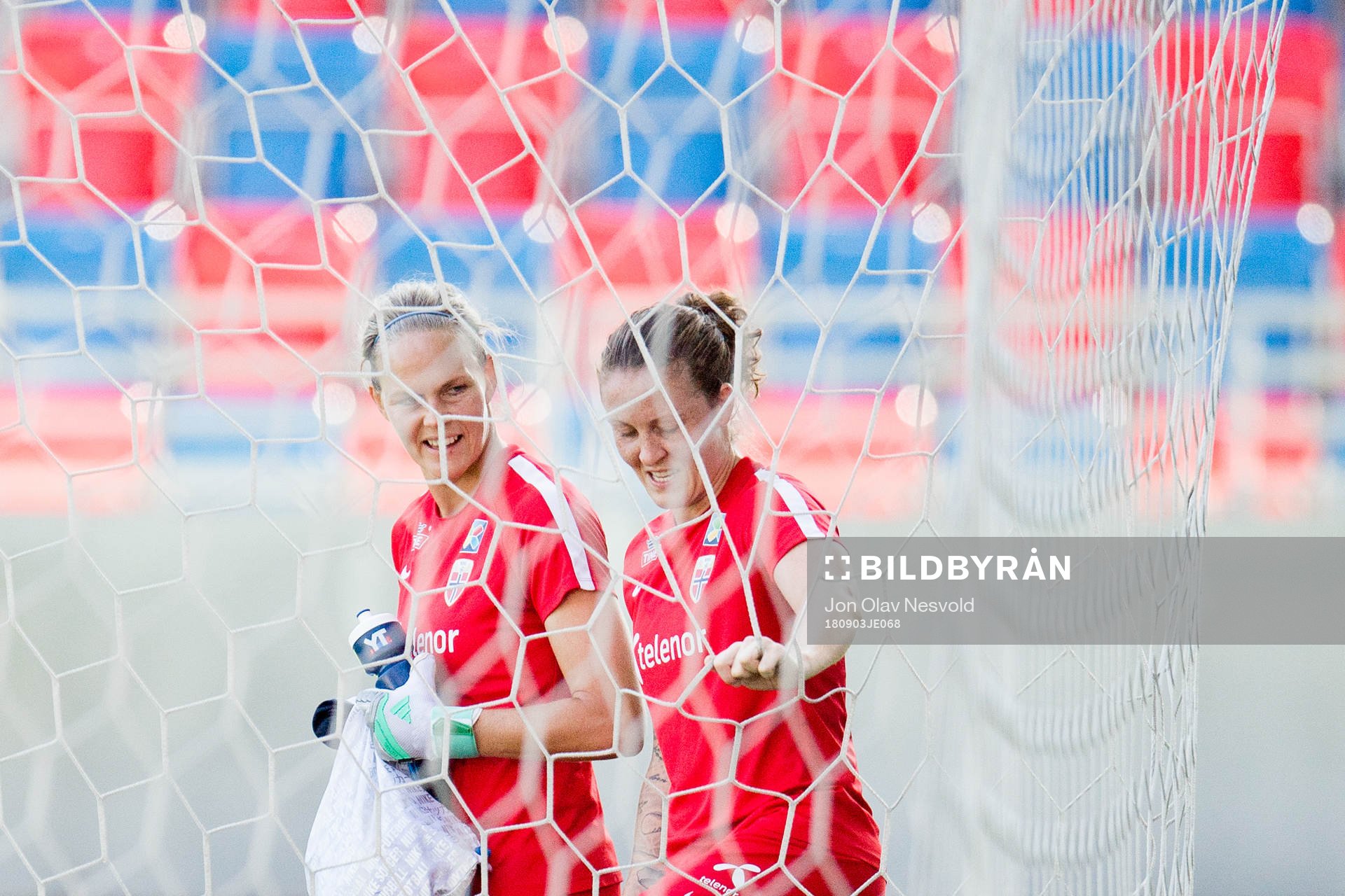 Goalkeeper Ingrid Hjelmseth and Isabell Herlovsen of Norway