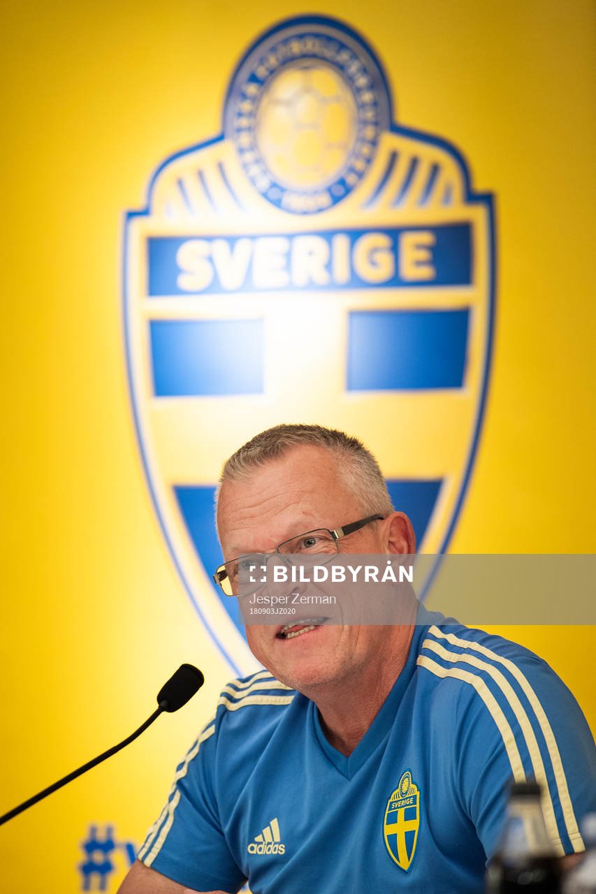 Sveriges förbundskapten Janne Andersson under en presskonferens anordnad av Svenska Fotbollsförbundet den 3 september 2018 i Stockholm.