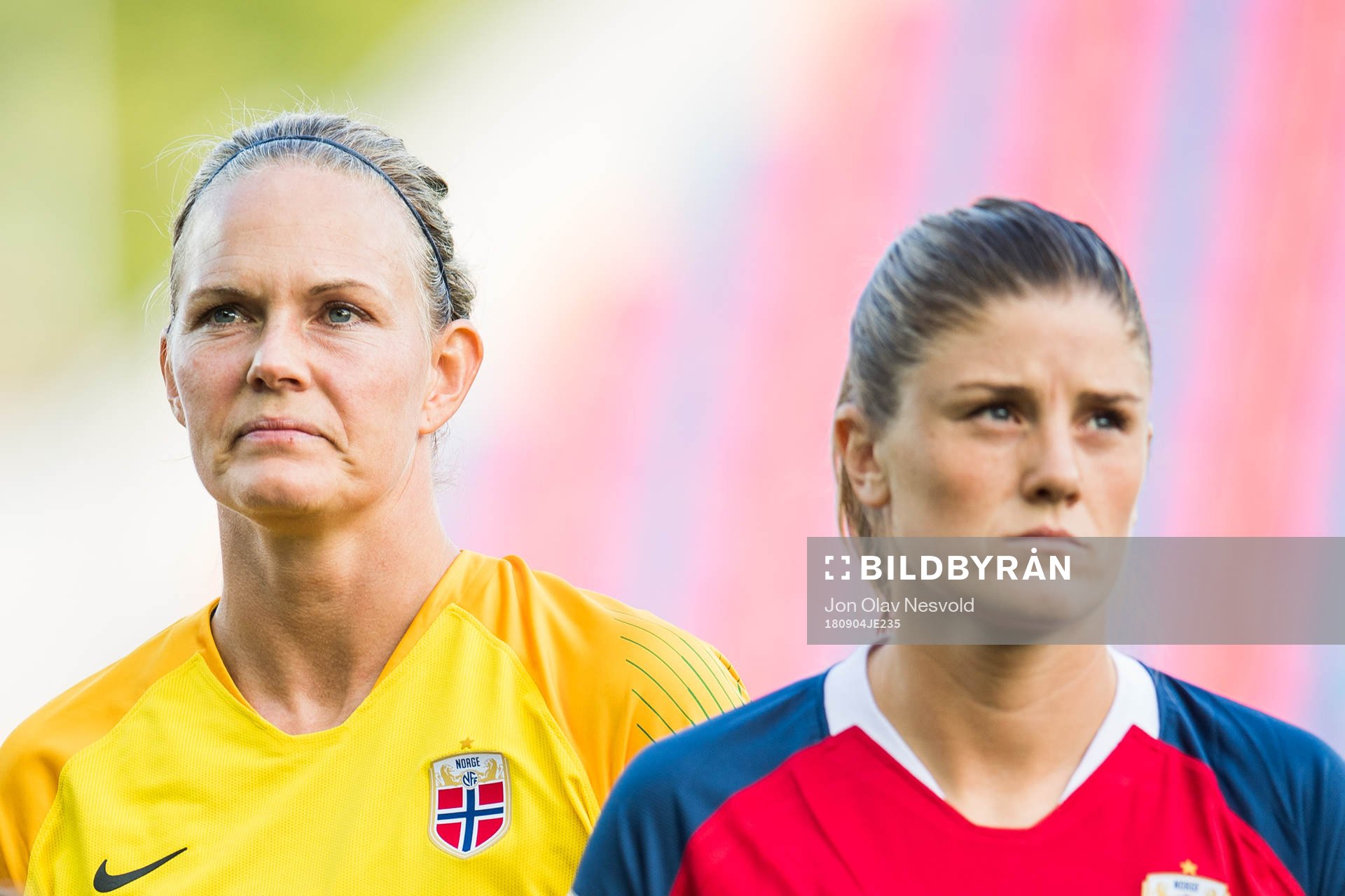 Goalkeeper Ingrid Hjelmseth and Maren Mjelde of Norway