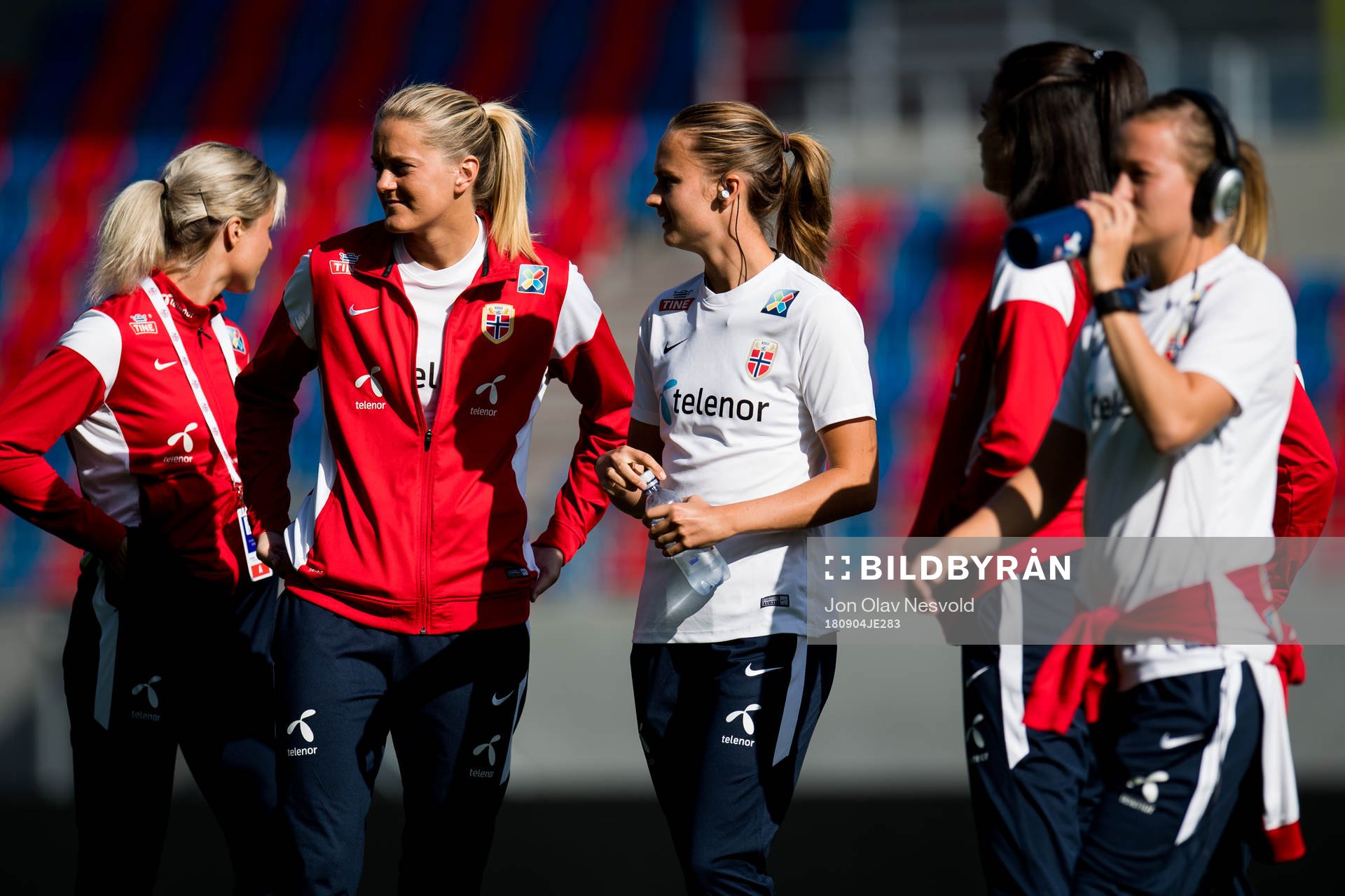 Ingrid Marie Spord, Maria Dybwad Brochmann and Caroline Graham Hansen ahead of the FIFA Women's World Cup Qualifier match between Norway and Netherlands on September 4, 2018 in Oslo.