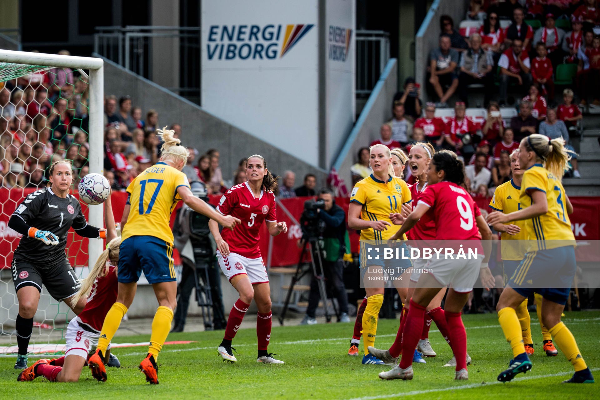 Sveriges Caroline Seger oroar mot Danmarks målvakt Stina Lykke Petersen under VM-kvalmatchen i fotboll mellan Danmark och Sverige den 4 september 2018 i Viborg.