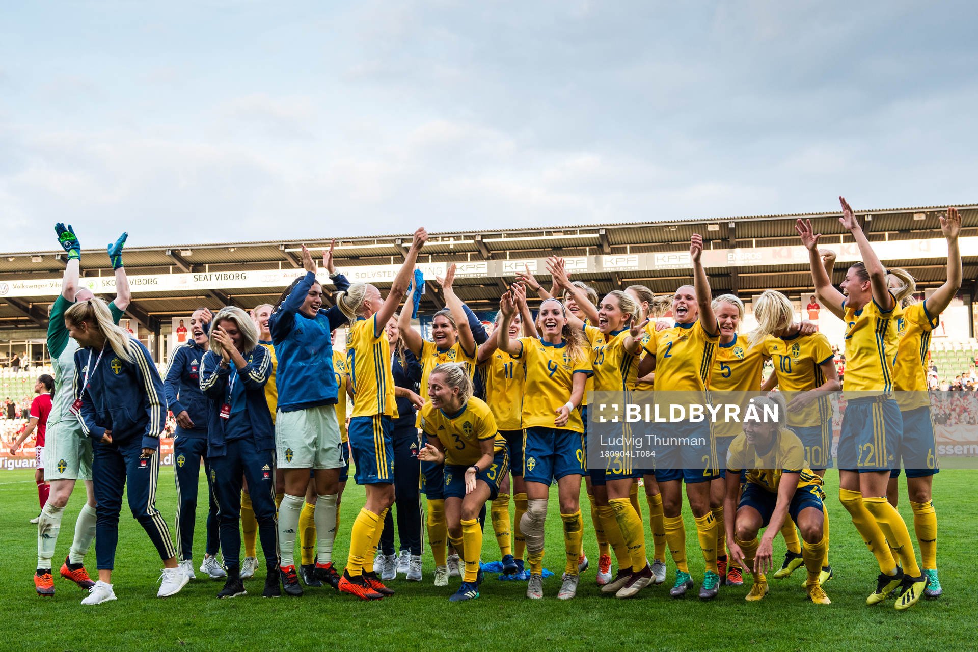 Sveriges spelare jublar efter VM-kvalmatchen i fotboll mellan Danmark och Sverige den 4 september 2018 i Viborg.