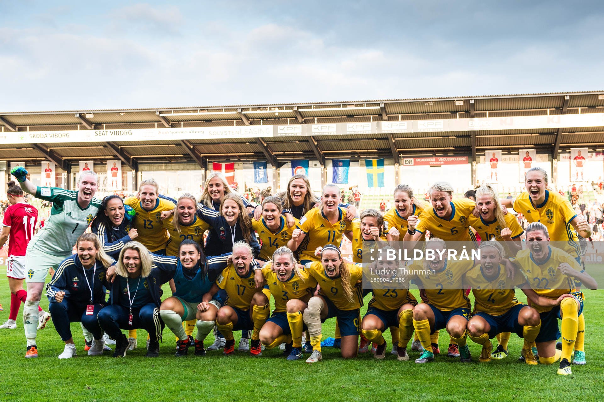 Sveriges spelare jublar efter VM-kvalmatchen i fotboll mellan Danmark och Sverige den 4 september 2018 i Viborg.