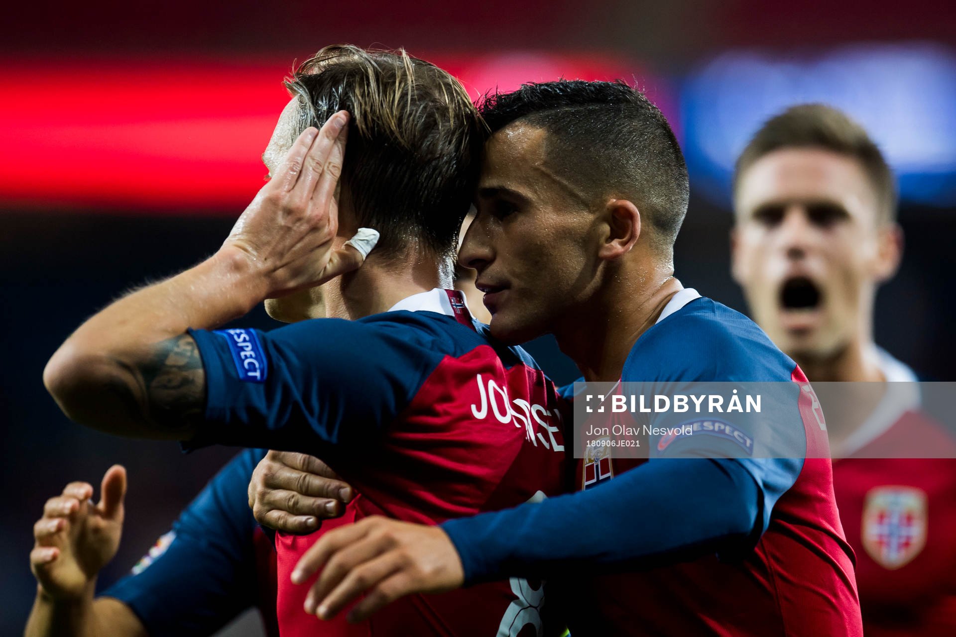 Stefan Johansen of Norway celebrates with Omar Elabdellaoui
