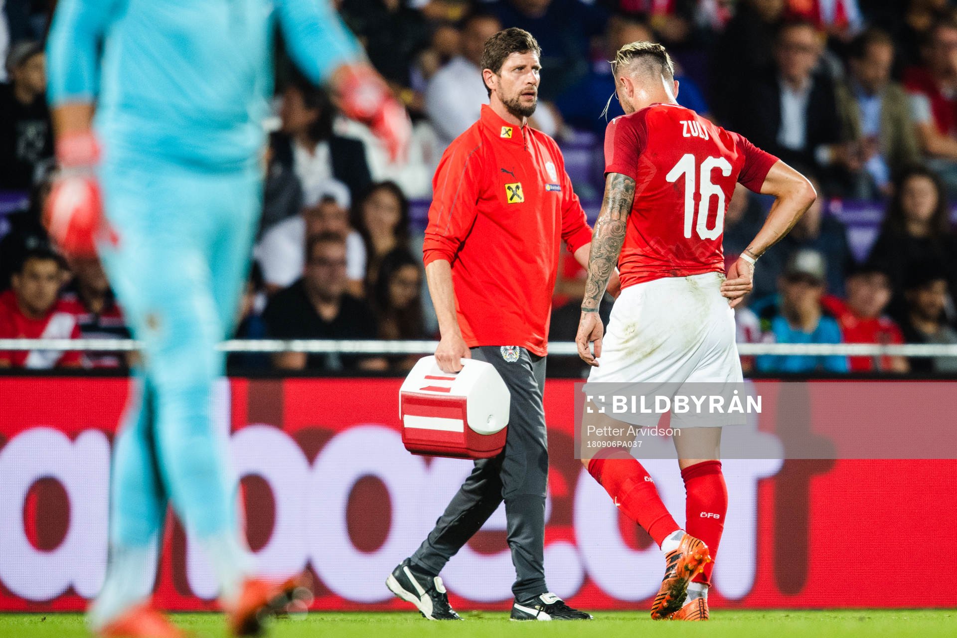 Peter Zulj of Austria leaves the pitch injured