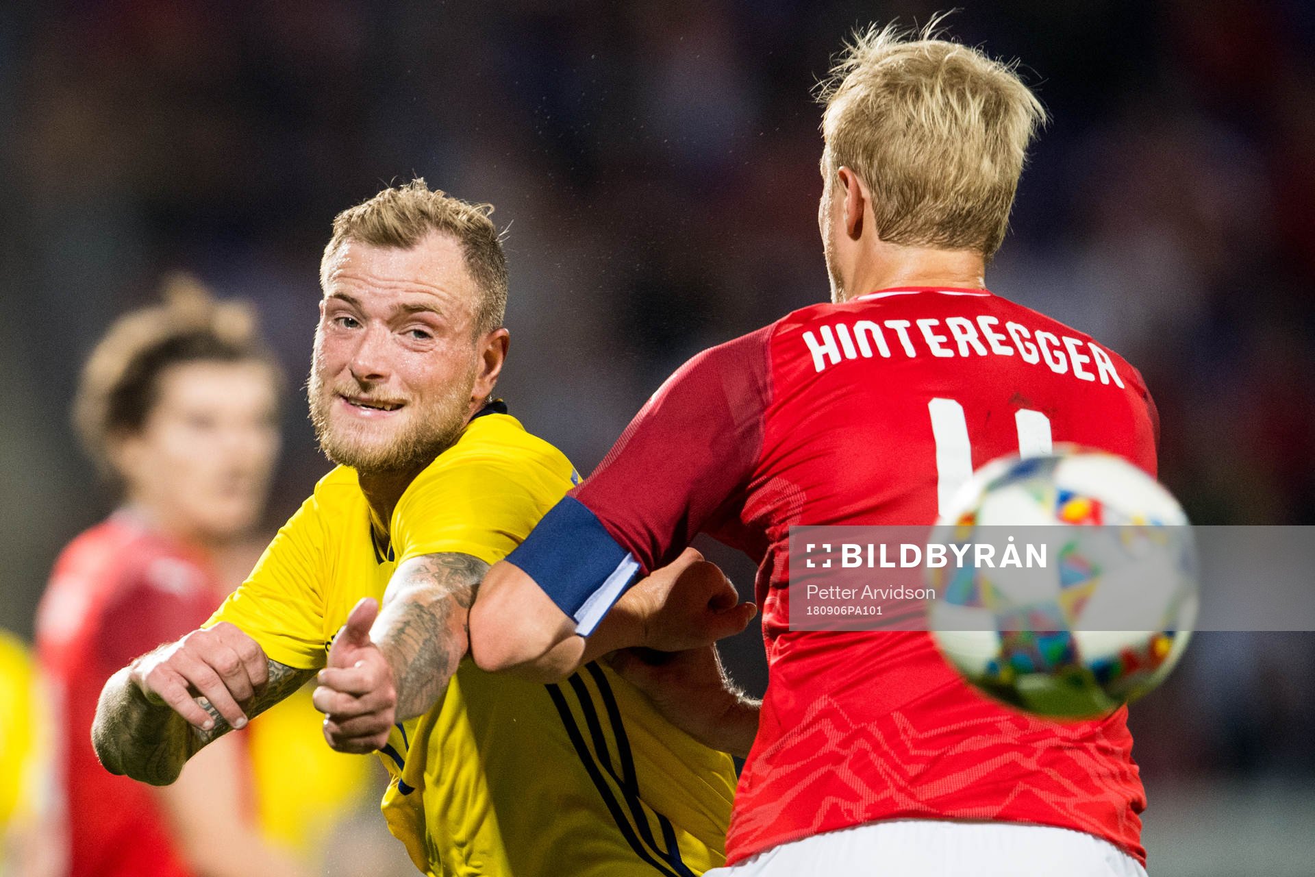 John Guidetti of Sweden and Martin Hinteregger of Austria during the international friendly football match between Austria and Sweden on September 6, 2018 in Wien.